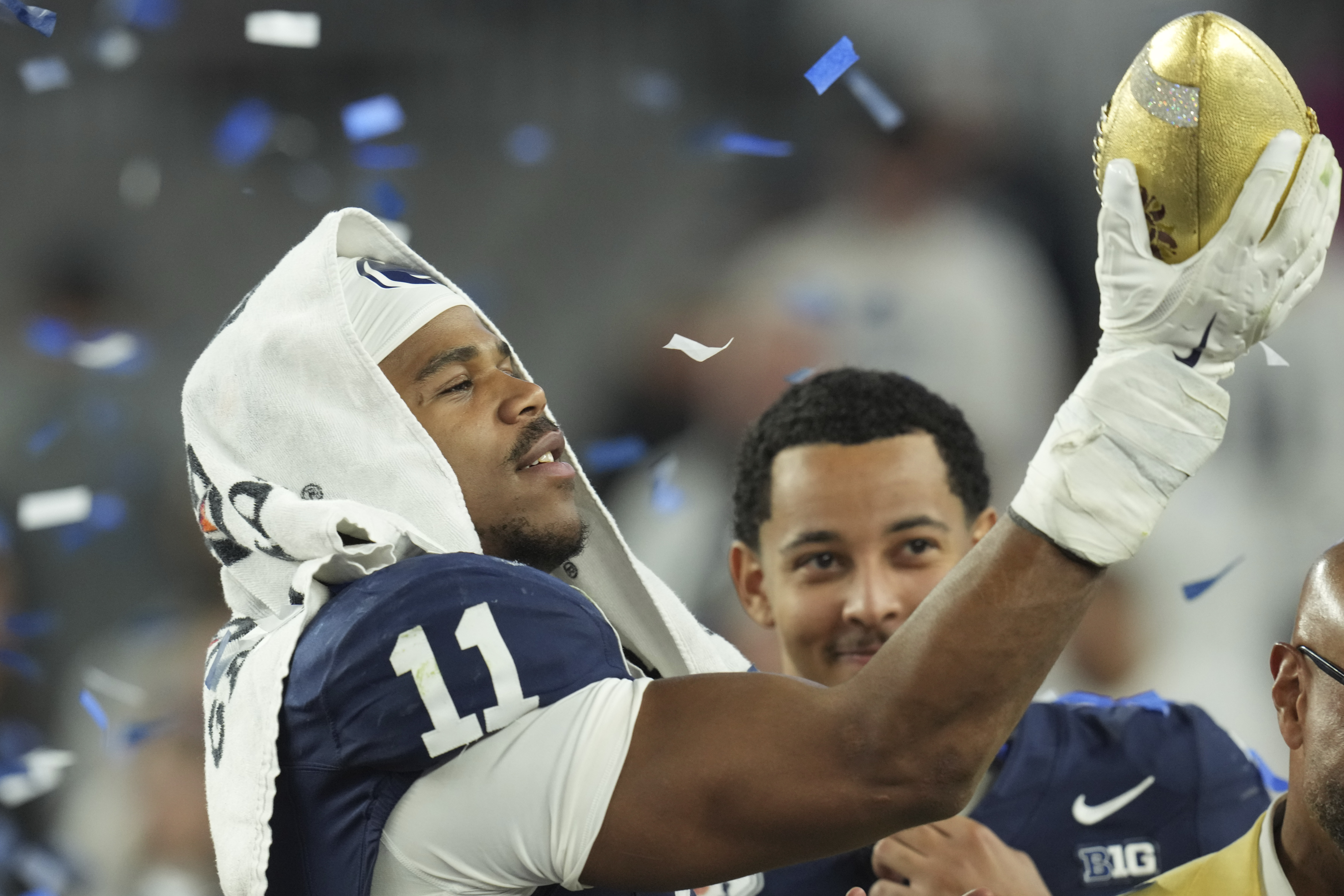 Penn State defensive end Abdul Carter (11) celebrates after the Fiesta Bowl College Football Playoff game against Boise State, Tuesday, Dec. 31, 2024, in Glendale, Ariz. 
