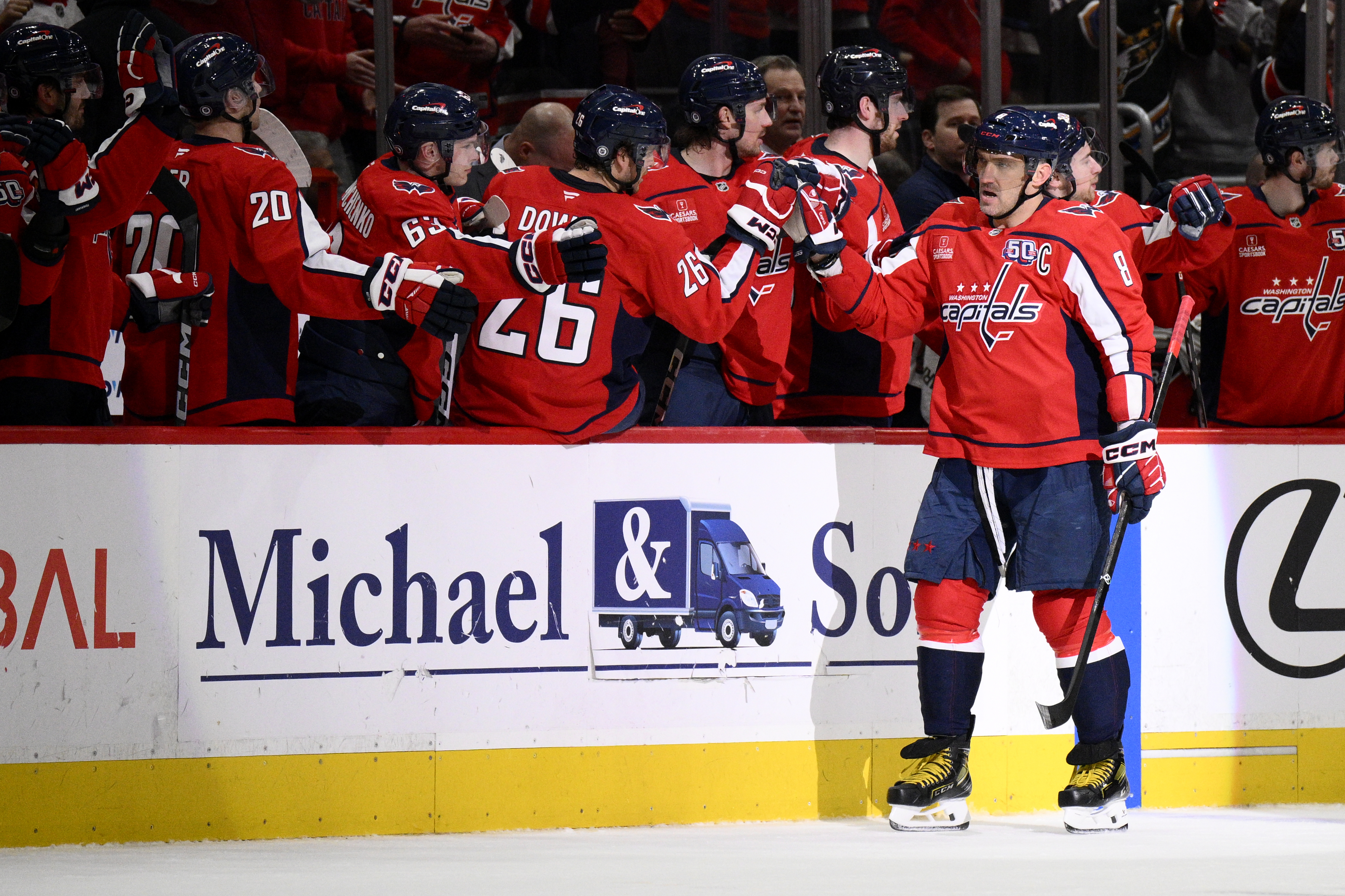 Washington Capitals left wing Alex Ovechkin (8) celebrates his goal during the second period of an NHL hockey game against the Minnesota Wild, Thursday, Jan. 2, 2025, in Washington.