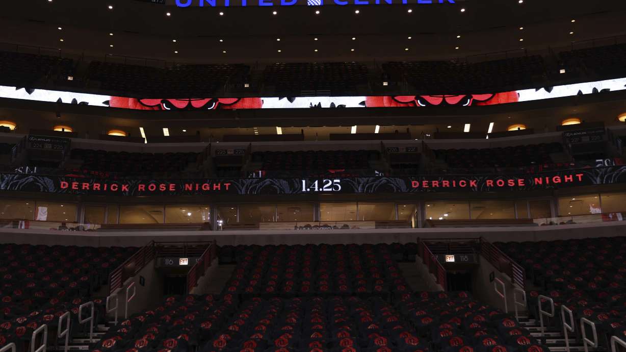 T-shirts are on seats on Derrick Rose Night before an NBA basketball game between the New York Knicks and the Chicago Bulls, Saturday, Jan. 4, 2025, in Chicago.