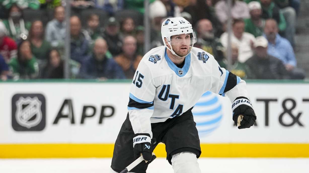 Utah Hockey Club center Alexander Kerfoot skates against the Dallas Stars during the second period of an NHL hockey game, Saturday, Jan. 4, 2025, in Dallas.