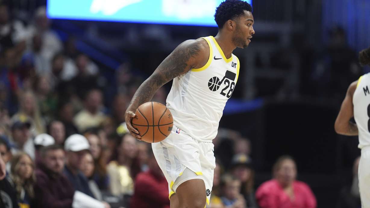 Utah Jazz forward Brice Sensabaugh (28) in the first half of an NBA basketball game Saturday, Nov. 2, 2024, in Denver.