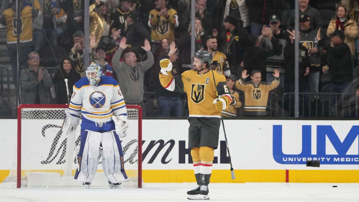 Vegas Golden Knights right wing Mark Stone (61) celebrates after scoring a goal against the Buffalo Sabres during the first period of an NHL hockey game, Saturday, Jan. 4, 2025, in Las Vegas.
