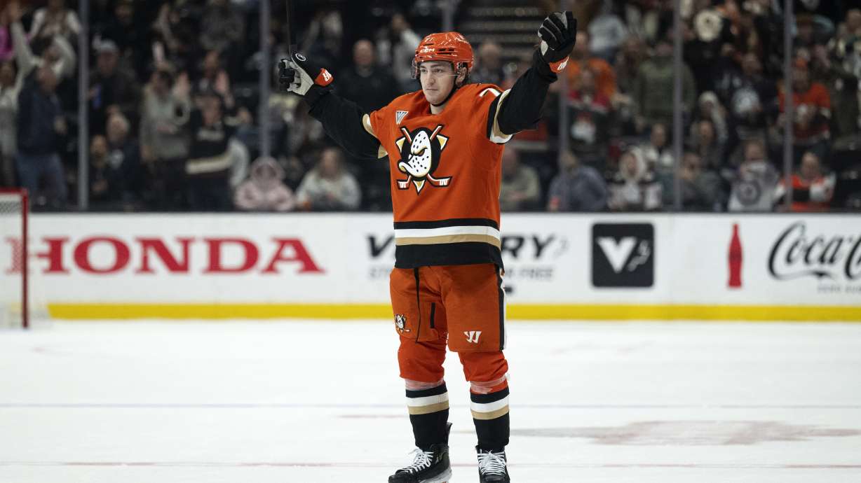 Anaheim Ducks right wing Frank Vatrano (77) reacts on his goal during the third period of an NHL hockey game against the Winnipeg Jets, Wednesday, Dec. 18, 2024, in Anaheim, Calif.