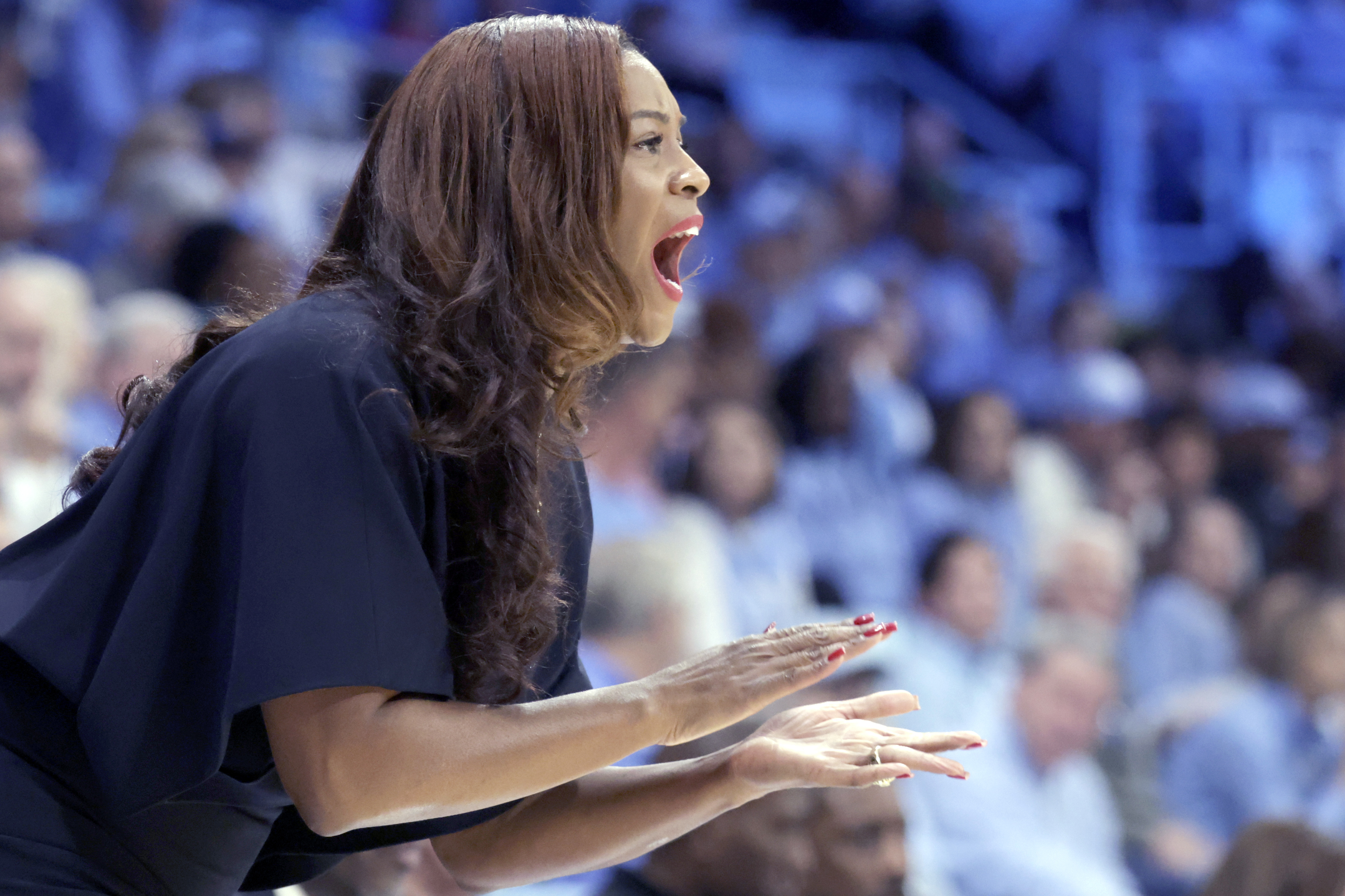 Notre Dame head coach Niele Ivey directs the team against North Carolina during the first half of an NCAA college basketball game Sunday, Jan. 5, 2025, in Chapel Hill, N.C.