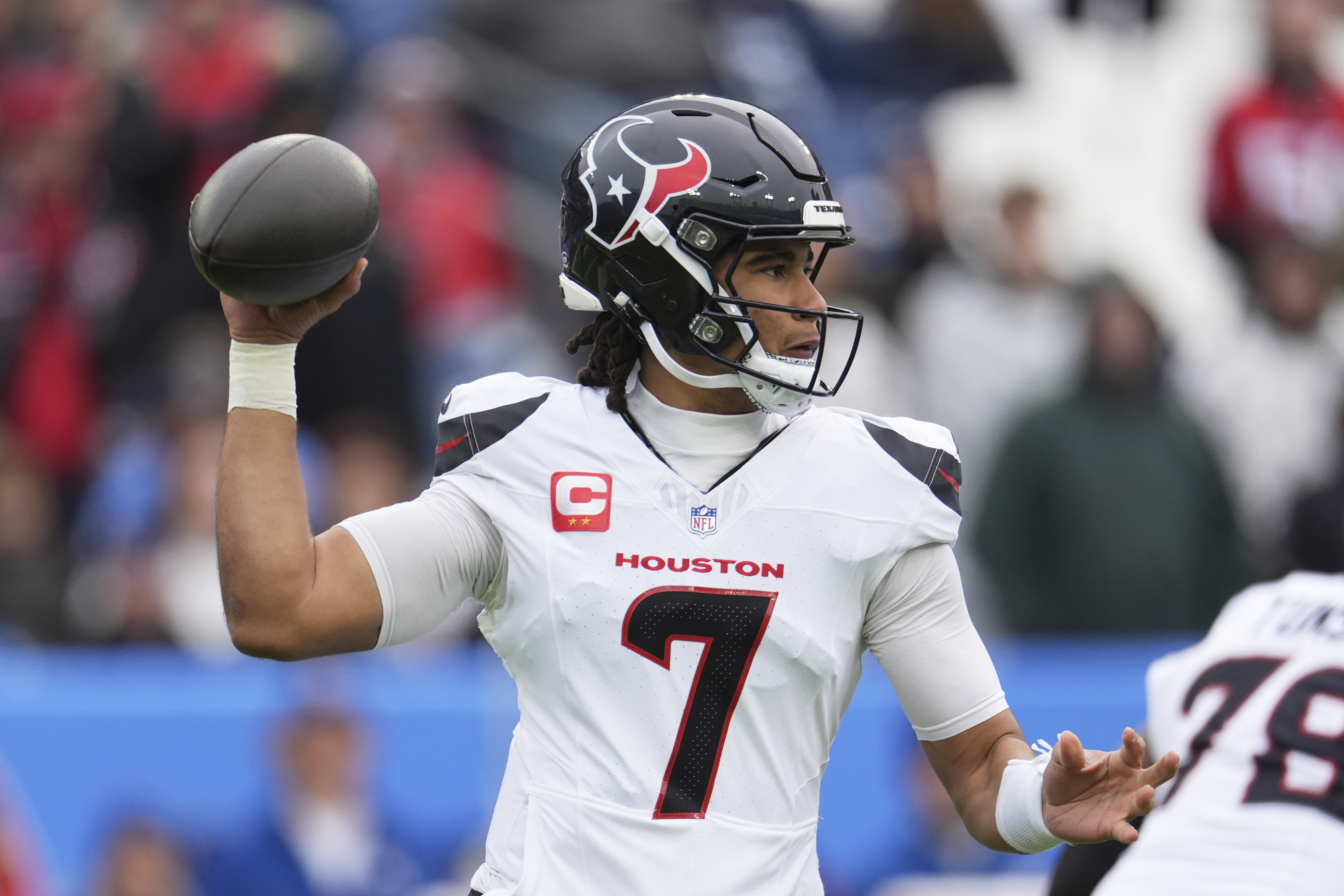 Houston Texans quarterback C.J. Stroud throws a pass against the Tennessee Titans during the first half of an NFL football game Sunday, Jan. 5, 2025, in Nashville, Tenn. 