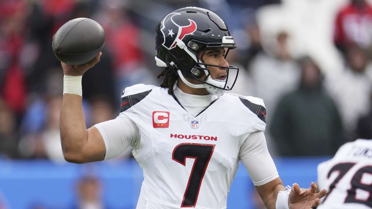 Houston Texans quarterback C.J. Stroud throws a pass against the Tennessee Titans during the first half of an NFL football game Sunday, Jan. 5, 2025, in Nashville, Tenn.