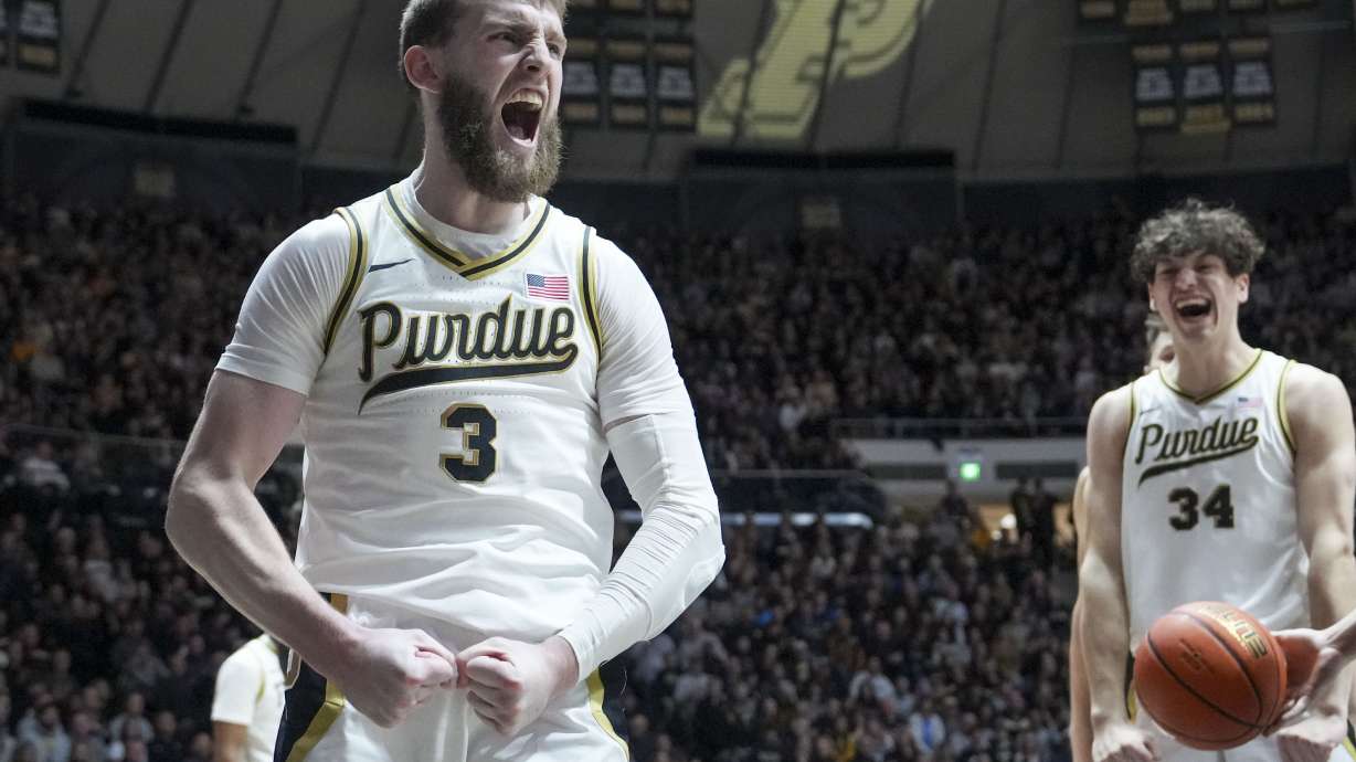 Purdue guard Braden Smith (3) reacts after being fouled in the second half of an NCAA college basketball game against Northwestern in West Lafayette, Ind., Sunday, Jan. 5, 2025.
