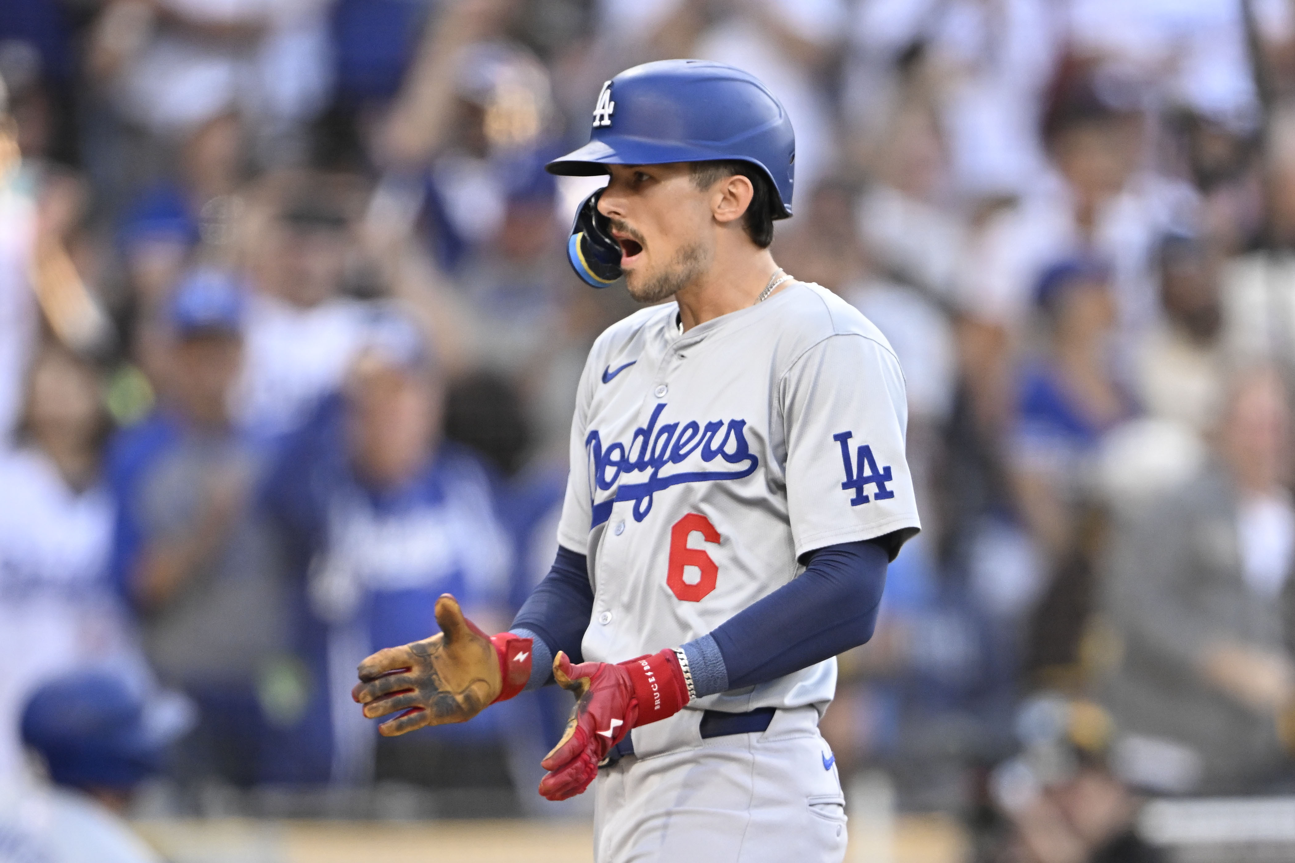FILE - Los Angeles Dodgers second baseman Cavan Biggio (6) celebrates after hitting a solo home run during the first inning of a baseball game against the San Diego Padres, July 30, 2024, in San Diego. 