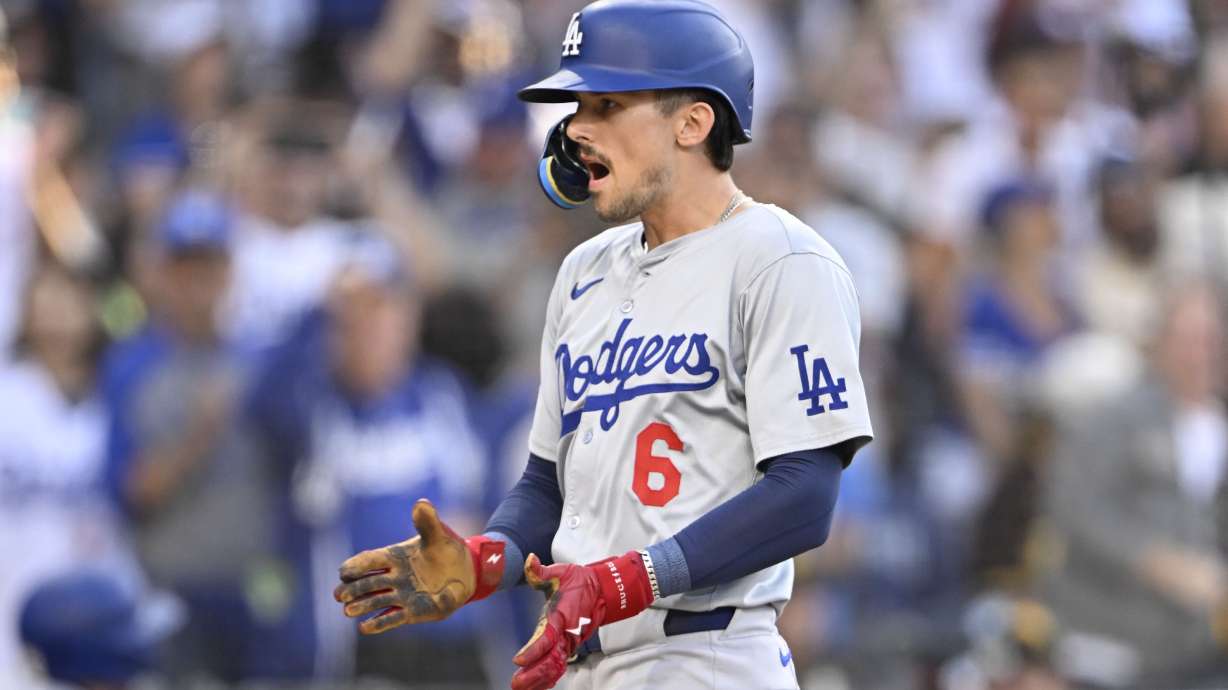 FILE - Los Angeles Dodgers second baseman Cavan Biggio (6) celebrates after hitting a solo home run during the first inning of a baseball game against the San Diego Padres, July 30, 2024, in San Diego.