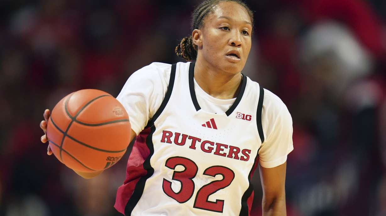 FILE - Rutgers guard Kiyomi McMiller (32) during an NCAA college basketball game against Iona, Nov. 15, 2024, in Piscataway, N.J.