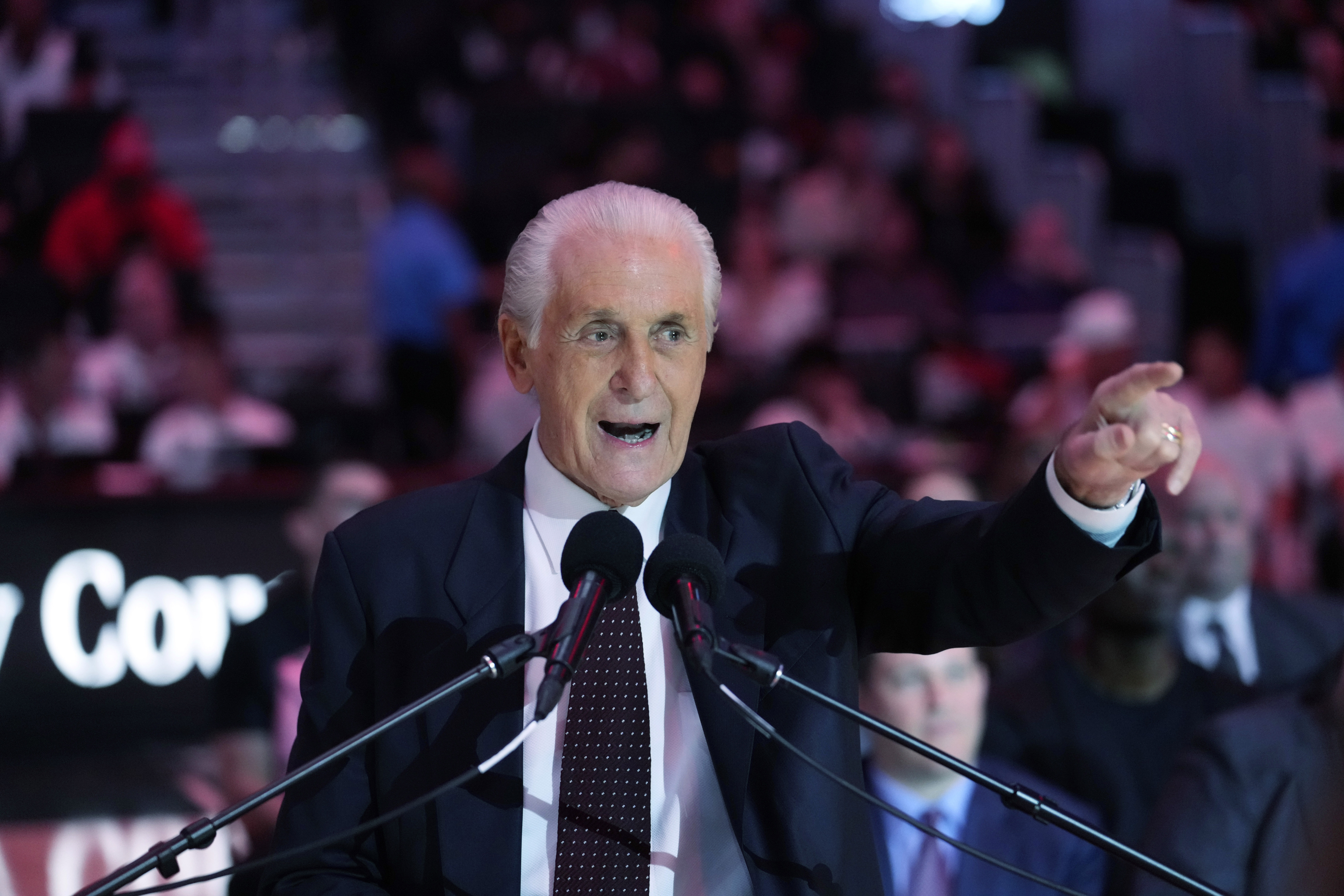 FILE - The Miami Heat president Pat Riley speaks during a halftime ceremony to commemorate the start of Riley's 30th season with the franchise, as the Heat unveiled the Pat Riley Court during an NBA basketball game between the Heat and the Orlando Magic, Wednesday, Oct. 23, 2024, in Miami.