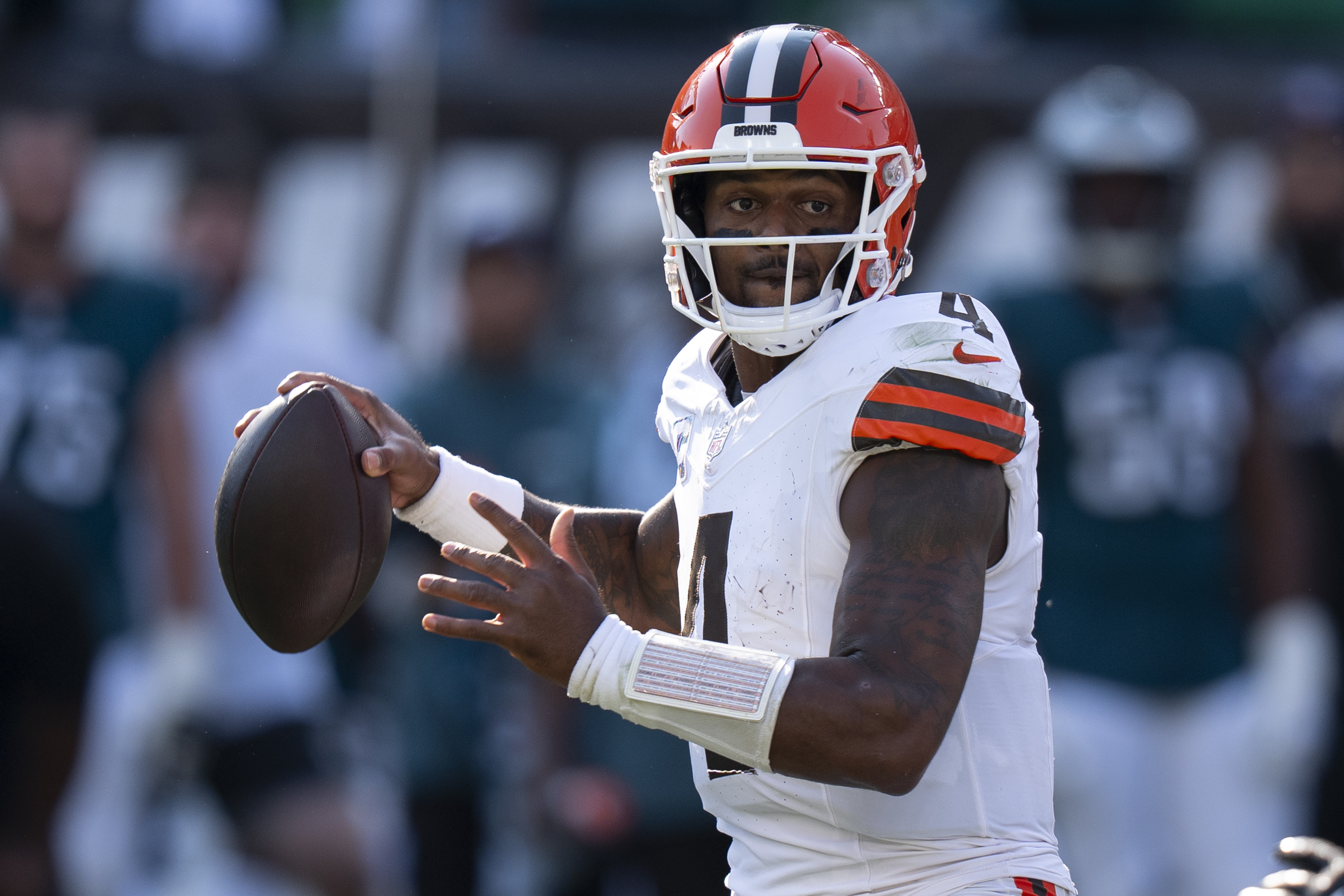 FILE - Cleveland Browns quarterback Deshaun Watson (4) in action during the NFL football game against the Philadelphia Eagles on Oct. 13, 2024, in Philadelphia.