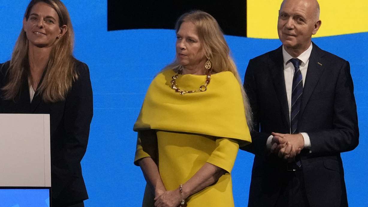 FILE - President of Belgian Football Association Pascale van Damme, center, attends the FIFA Congress in Bangkok, Thailand, Friday, May 17, 2024.