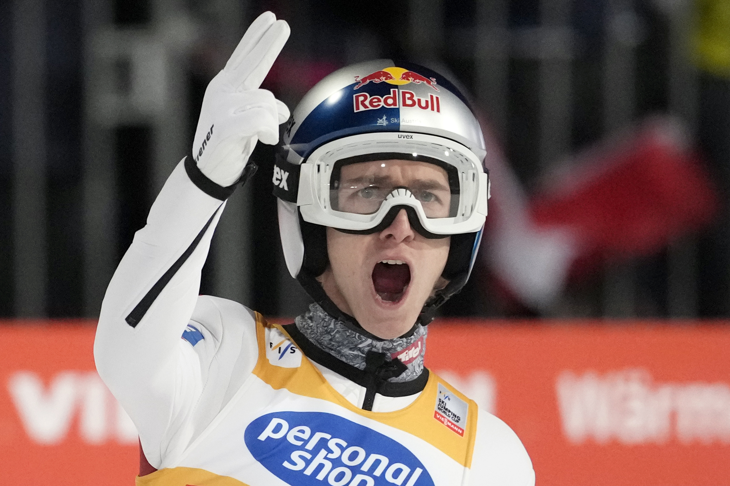Daniel Tschofenig, of Austria, reacts after his second round jump at the fourth stage of the 73rd Four Hills ski jumping tournament in Bischofshofen, Austria, Monday, Jan. 6, 2025. 