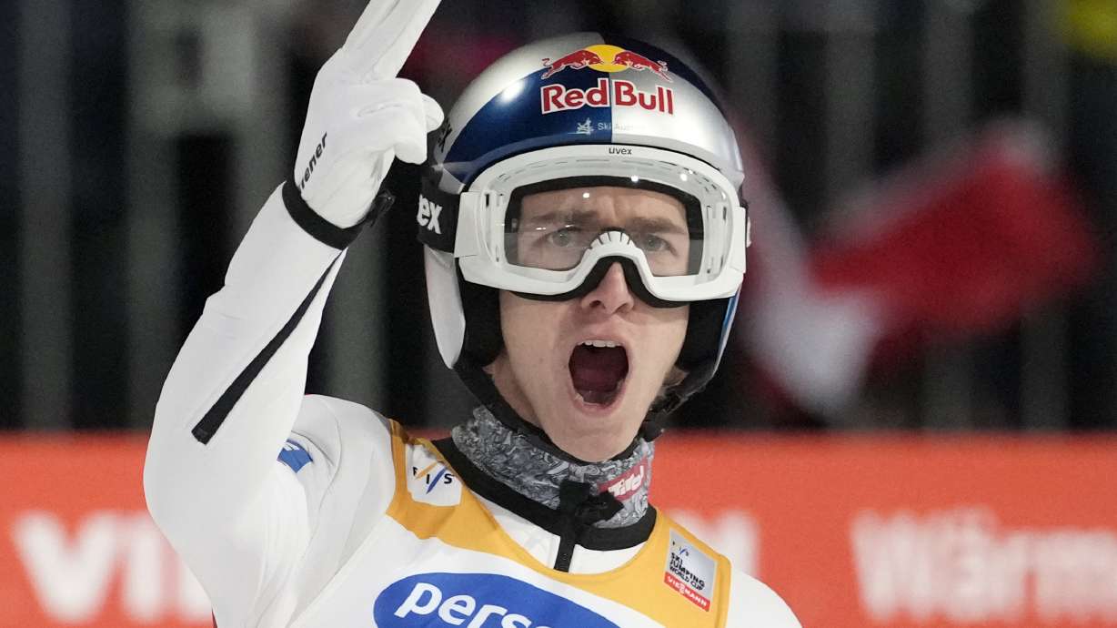 Daniel Tschofenig, of Austria, reacts after his second round jump at the fourth stage of the 73rd Four Hills ski jumping tournament in Bischofshofen, Austria, Monday, Jan. 6, 2025.