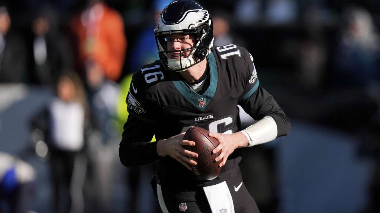 Philadelphia Eagles quarterback Tanner McKee (16) looks to pass during the first half of an NFL football game against the New York Giants on Sunday, Jan. 5, 2025, in Philadelphia.