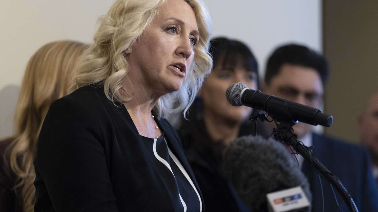 Rep. Karianne Lisonbee, R-Syracuse, speaks at a press conference announcing legislation aimed to improve public safety and address the impacts of the southern border crisis ahead of the 2025 general legislative session at the Utah Capitol in Salt Lake City on Monday.