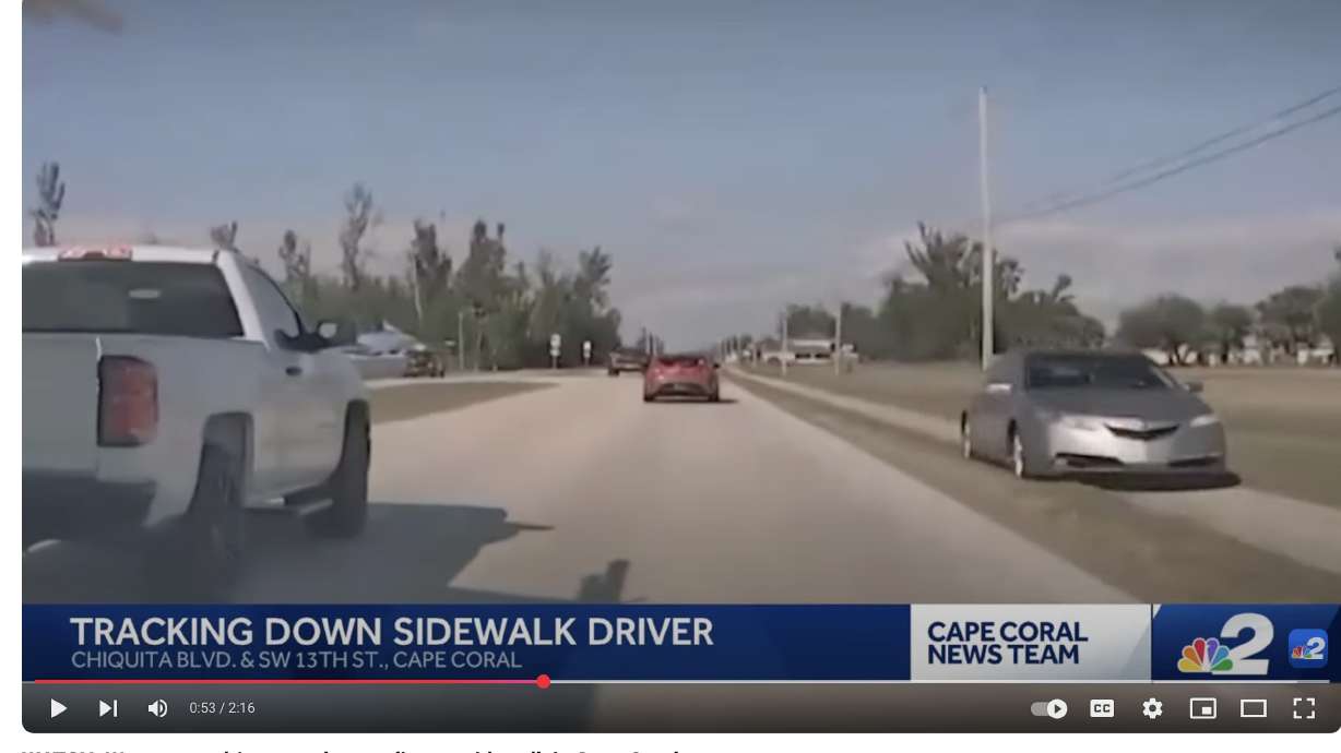 Video captured by a Telsa shows the scary moments a driver decides to make the sidewalk an extra lane of traffic in a city in Florida Sunday morning.