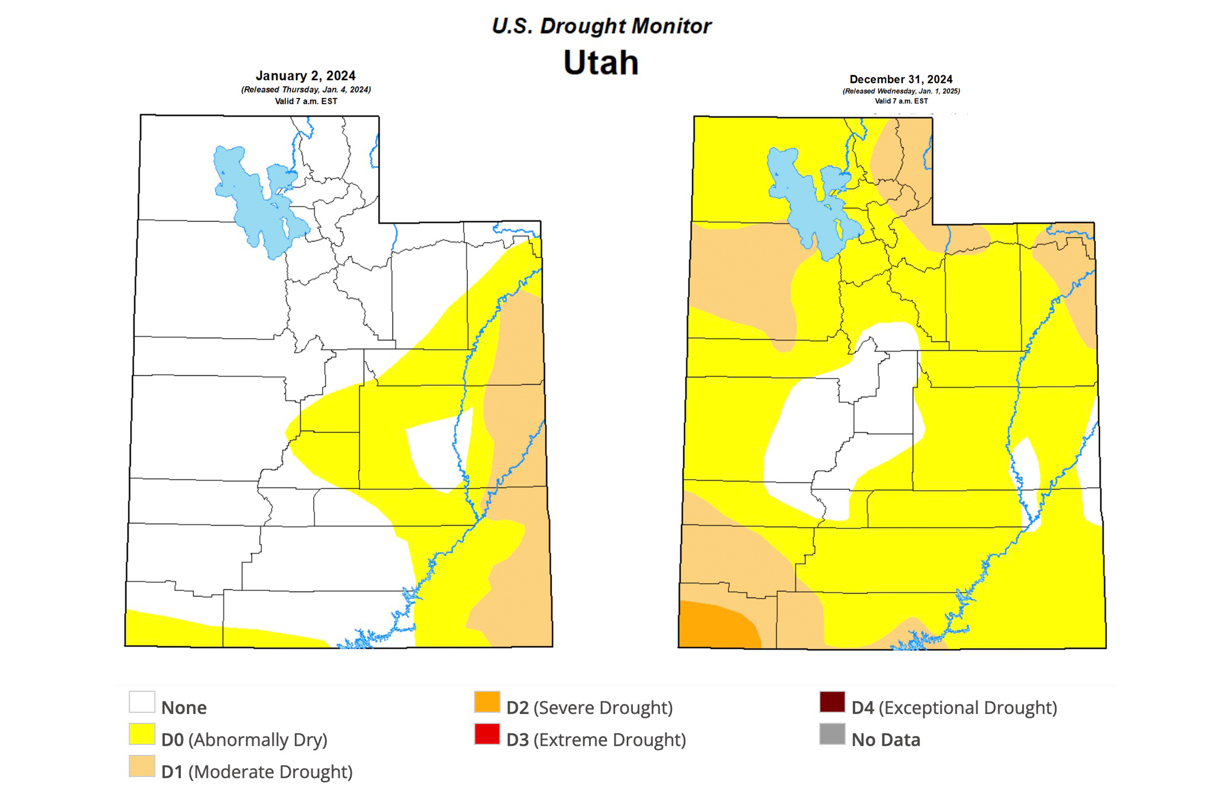 These maps show Utah drought conditions during the first U.S. Drought Monitor report of 2024 (left) and 2025 (right). The percentage of Utah in drought or "abnormally dry" rose from about 31% to 88%.