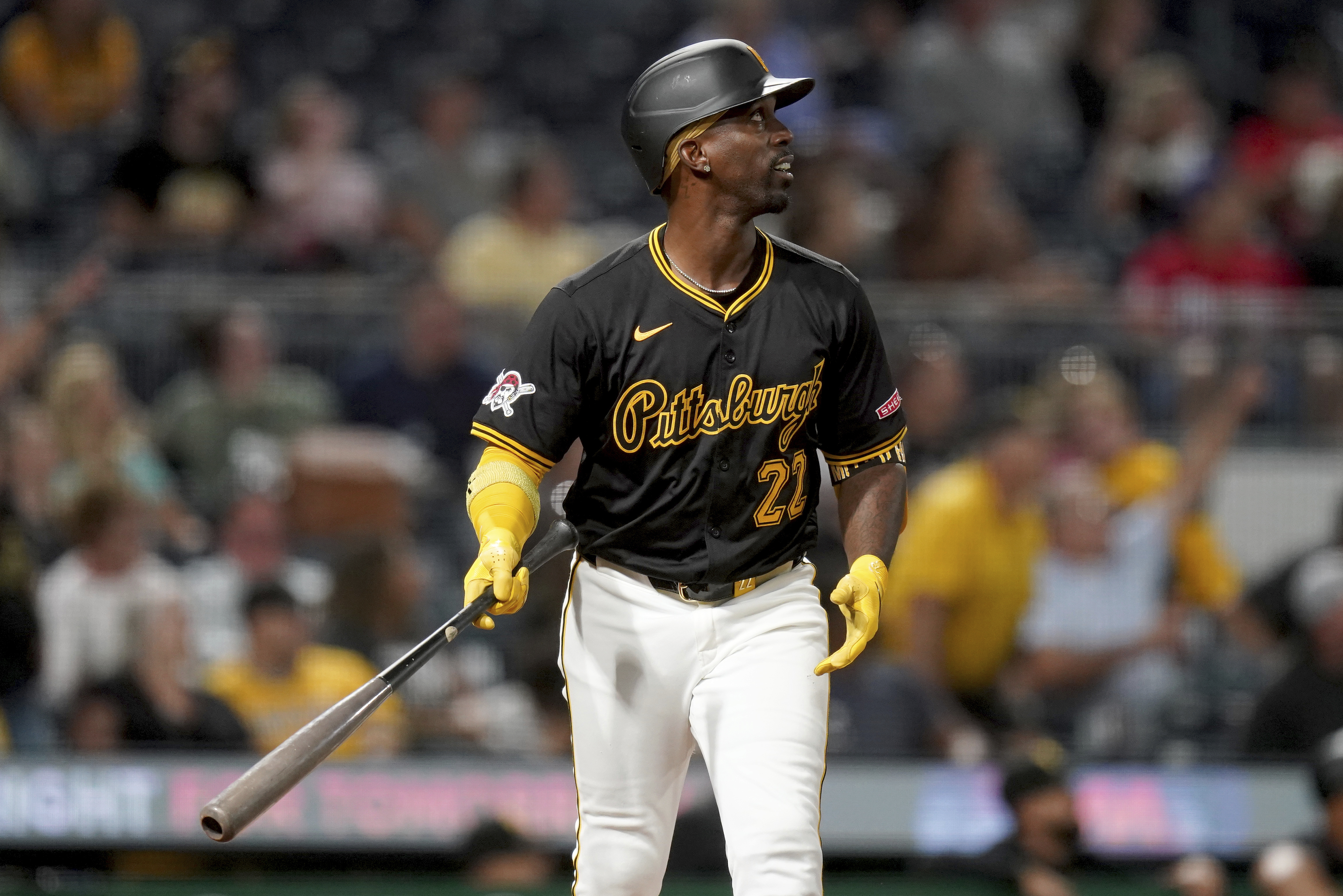 FILE - Pittsburgh Pirates' Andrew McCutchen watches his three-run home run during the fifth inning of a baseball game against the Miami Marlins, Tuesday, Sept. 10, 2024, in Pittsburgh. 