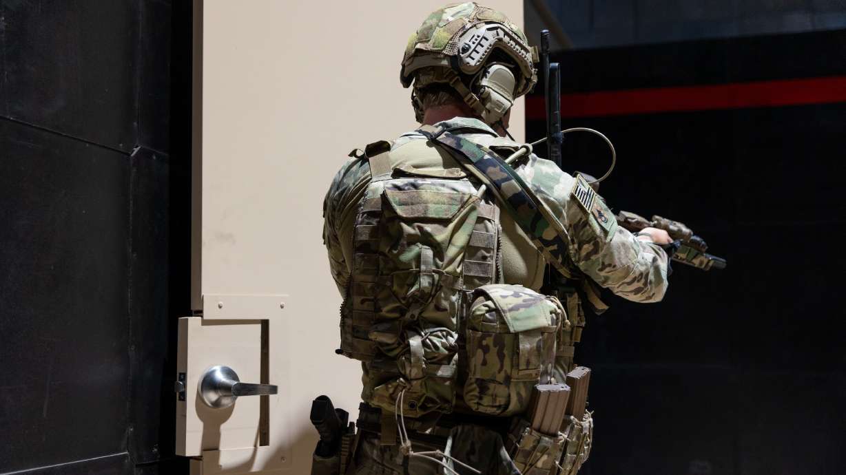 A soldier from the Utah National Guard's 19th Special Forces Group (Airborne) stands inside a new Special Operations Forces Live-Fire Shoot House at Camp Williams on July 11, 2022. The mental health of soldiers remains a critical issue.