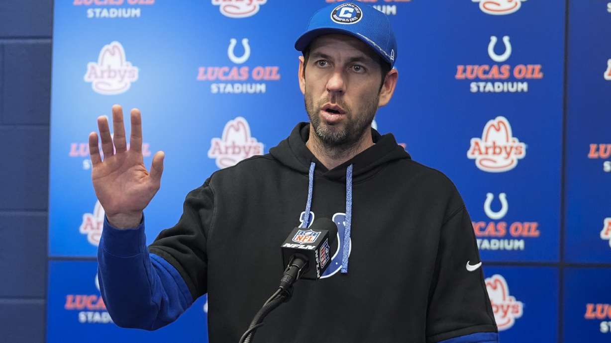 Indianapolis Colts head coach Shane Steichen speaks during a news conference after an NFL football game against the Jacksonville Jaguars, Sunday, Jan. 5, 2025, in Indianapolis. The Colts won 26-23 in overtime.