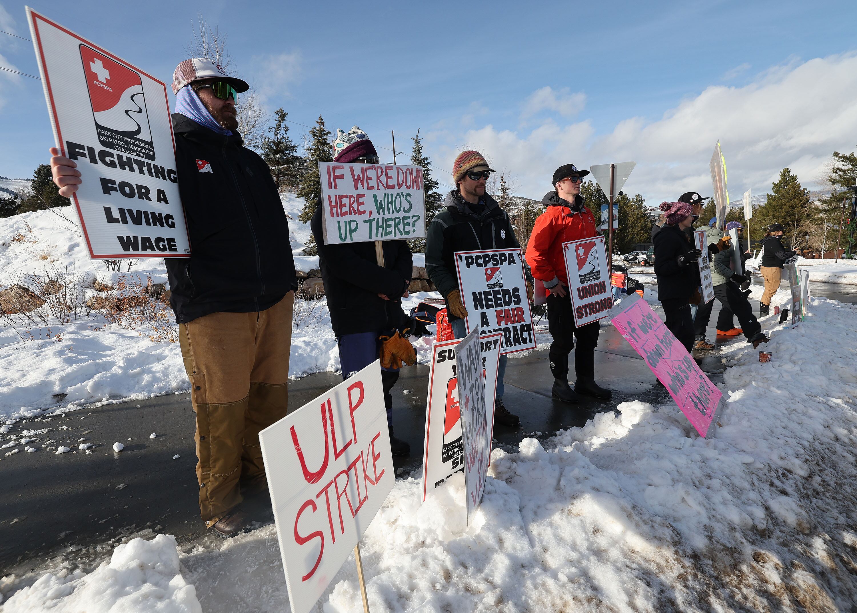 Park City Mountain ski patrollers strike at Park City Mountain Canyons Village in Park City on Jan. 2.