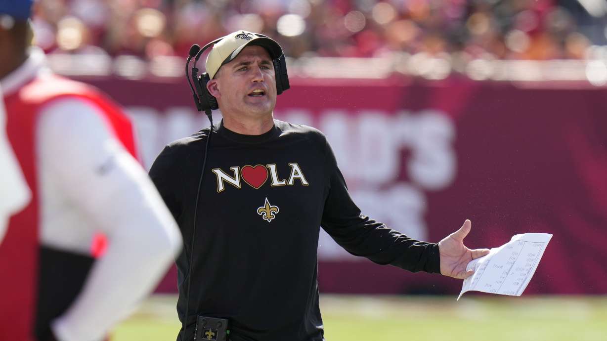 New Orleans Saints interim head coach Darren Rizzi reacts on the sideline during the first half of an NFL football game against the Tampa Bay Buccaneers Sunday, Jan. 5, 2025, in Tampa, Fla.