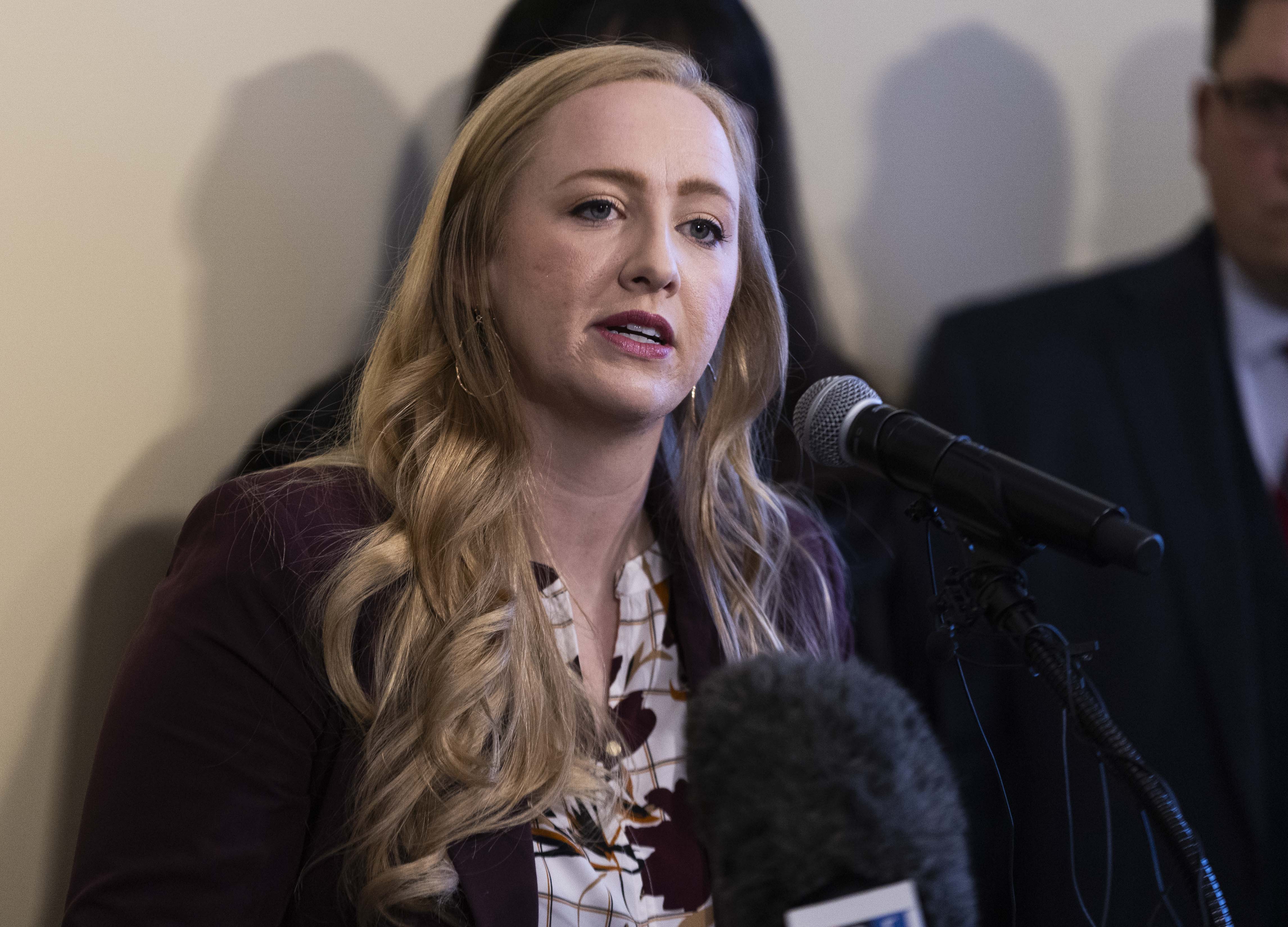 Rep. Candice Pierucci, R-Herriman, speaks at a press conference announcing legislation aimed to improve public safety and address the impacts of the southern border crisis ahead of the 2025 general legislative session at the Utah Capitol in Salt Lake City on Monday.