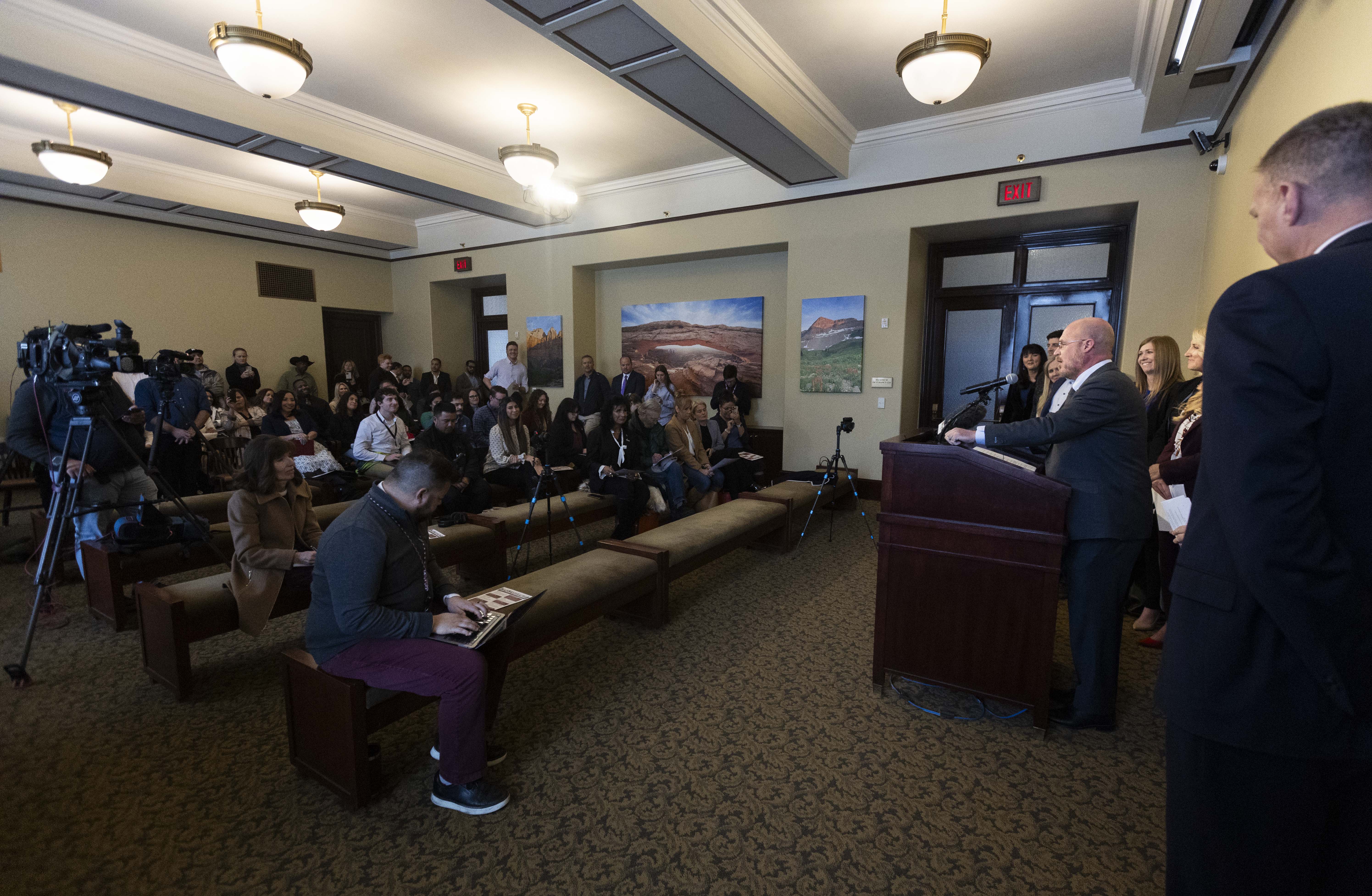 Rep. Matt Gwynn, R-Perry, speaks at a press conference announcing legislation aimed to improve public safety and address the impacts of the southern border crisis ahead of the 2025 general legislative session at the Utah Capitol in Salt Lake City on Monday.