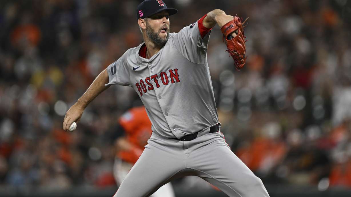 FILE - Boston Red Sox pitcher Chris Martin throws during the eighth inning of a baseball game against the Baltimore Orioles, Saturday, Aug. 17, 2024, in Baltimore.