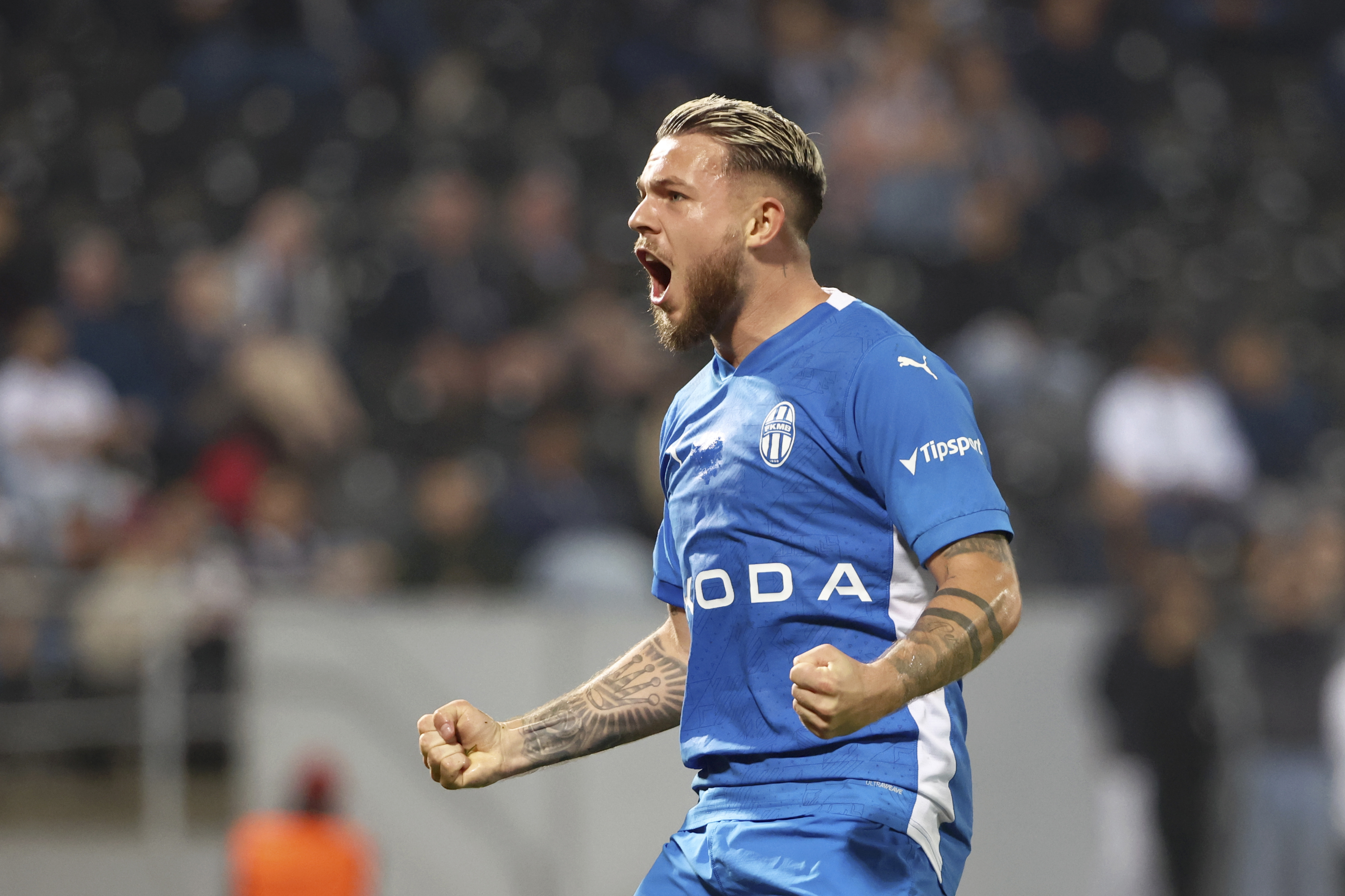 FILE - Mlada Boleslav's Vasil Kusej celebrates after scoring his side's first goal during the Europa Conference League opening phase soccer match between Vitoria SC and Mlada Boleslav at the D. Afonso Henriques stadium in Guimaraes, Portugal, on Nov. 7, 2024.