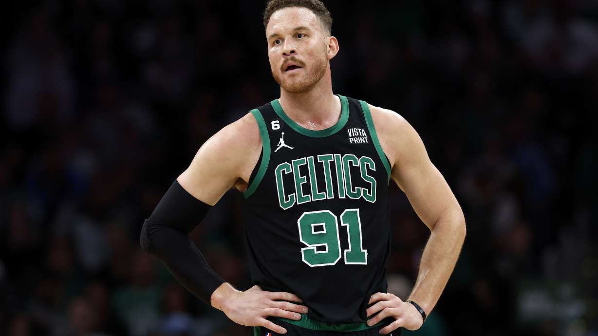 FILE - Boston Celtics' Blake Griffin plays against the Toronto Raptors during the first half of an NBA basketball game, Friday, April 7, 2023, in Boston.