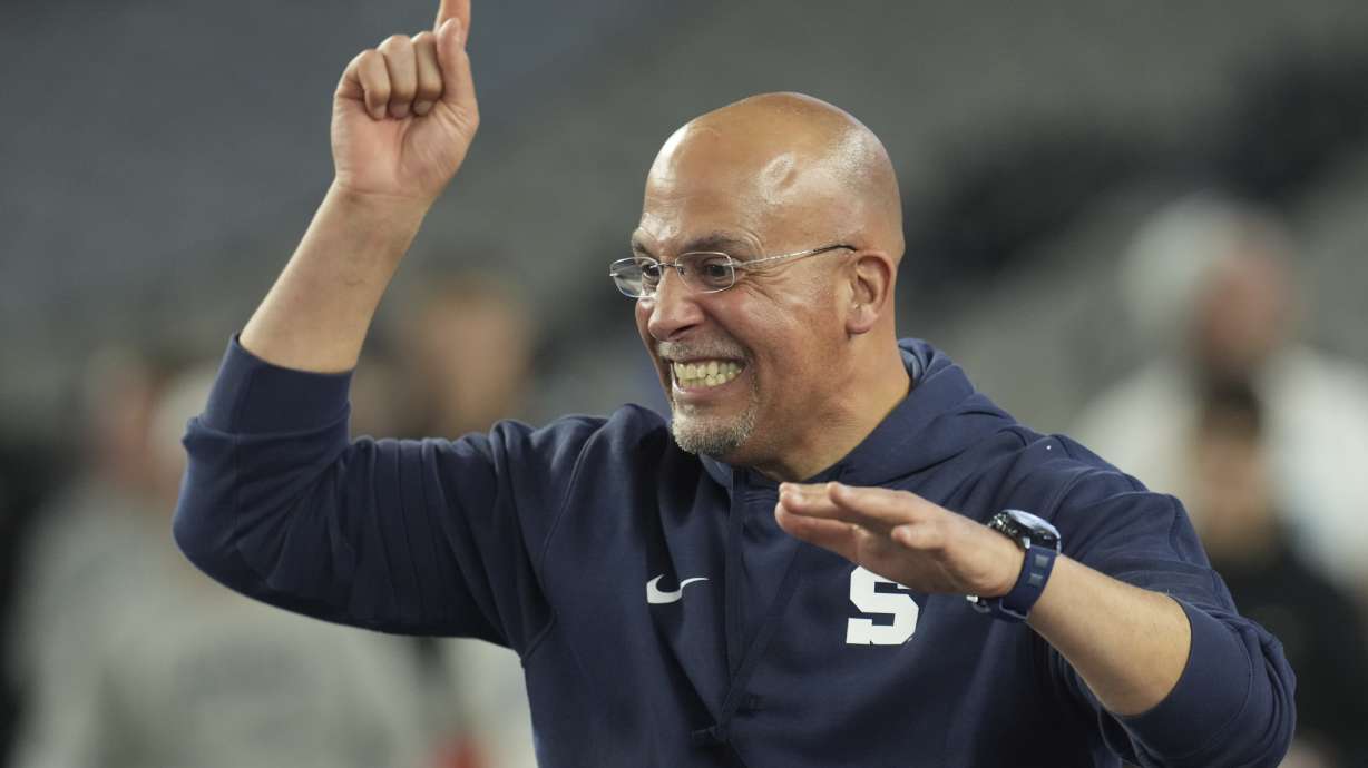 Penn State head coach James Franklin celebrates after the Fiesta Bowl College Football Playoff game against Boise State, Tuesday, Dec. 31, 2024, in Glendale, Ariz.
