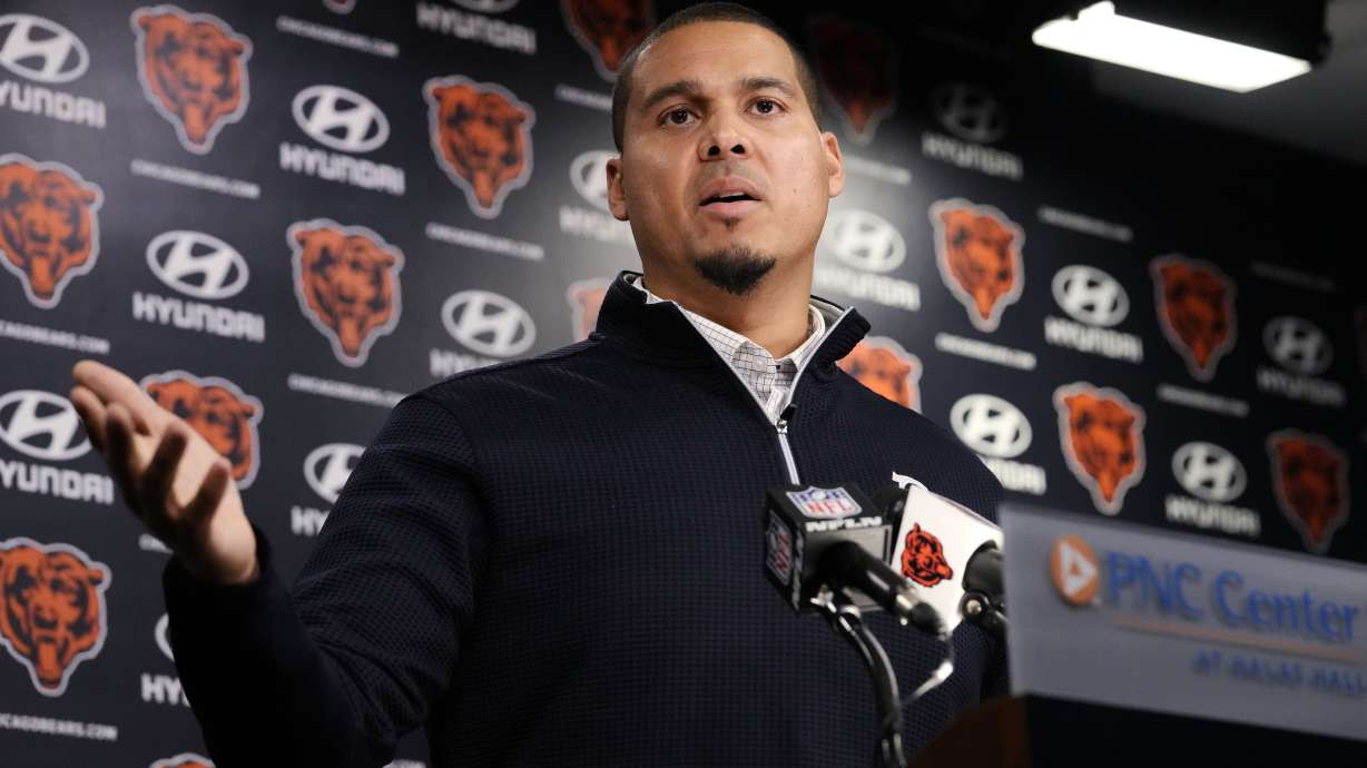 Chicago General Manager Ryan Poles talks to media during an NFL football news conference at Halas Hall in Lake Forest, Ill., Tuesday, Jan. 7, 2025.