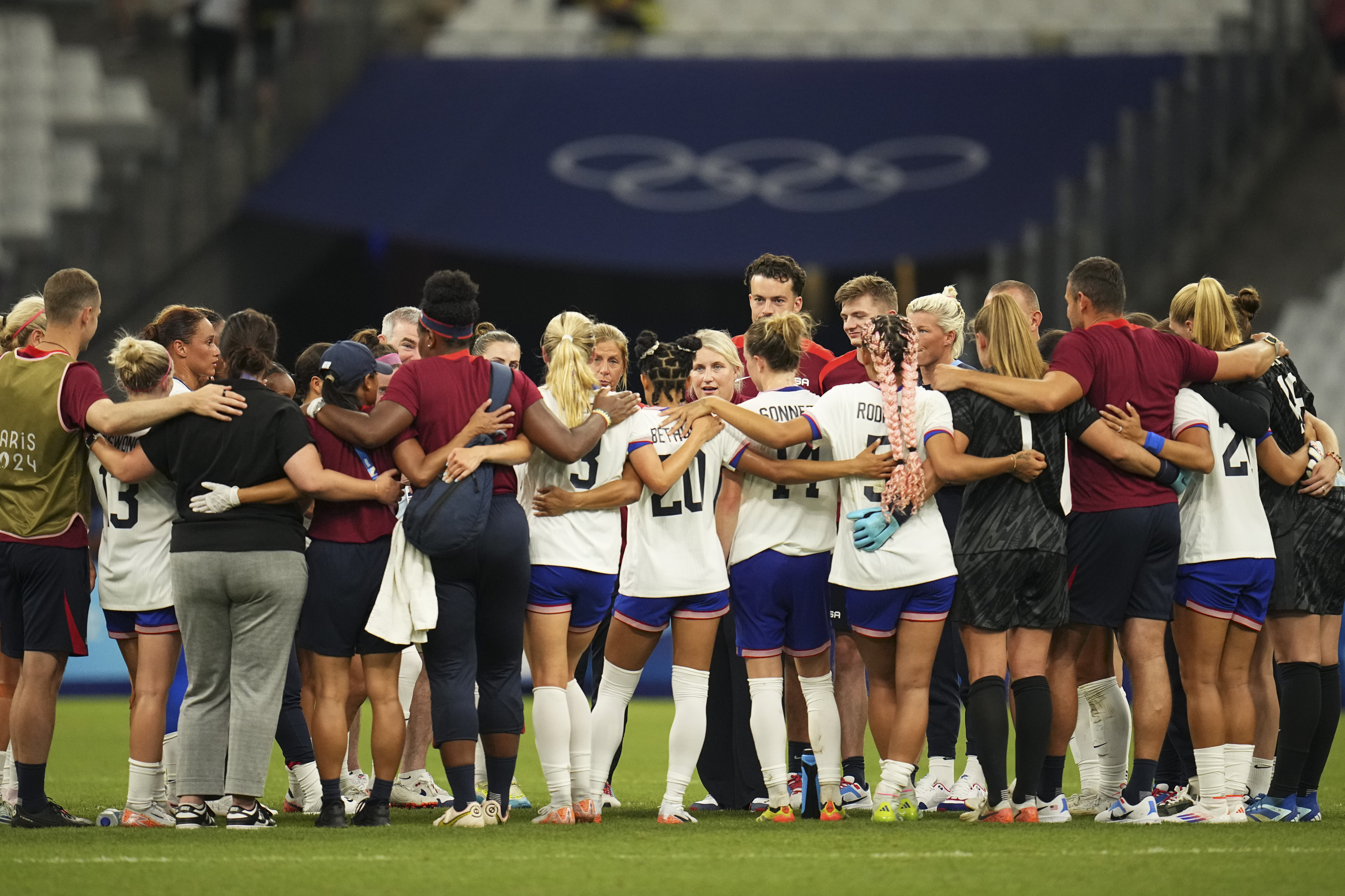 FILE - United States coach Emma Hayes of Britain talks to her players after a women's Group B soccer match between Australia and the United States, at the Marseille Stadium, at the 2024 Summer Olympics, in Marseille, France, July 31, 2024.