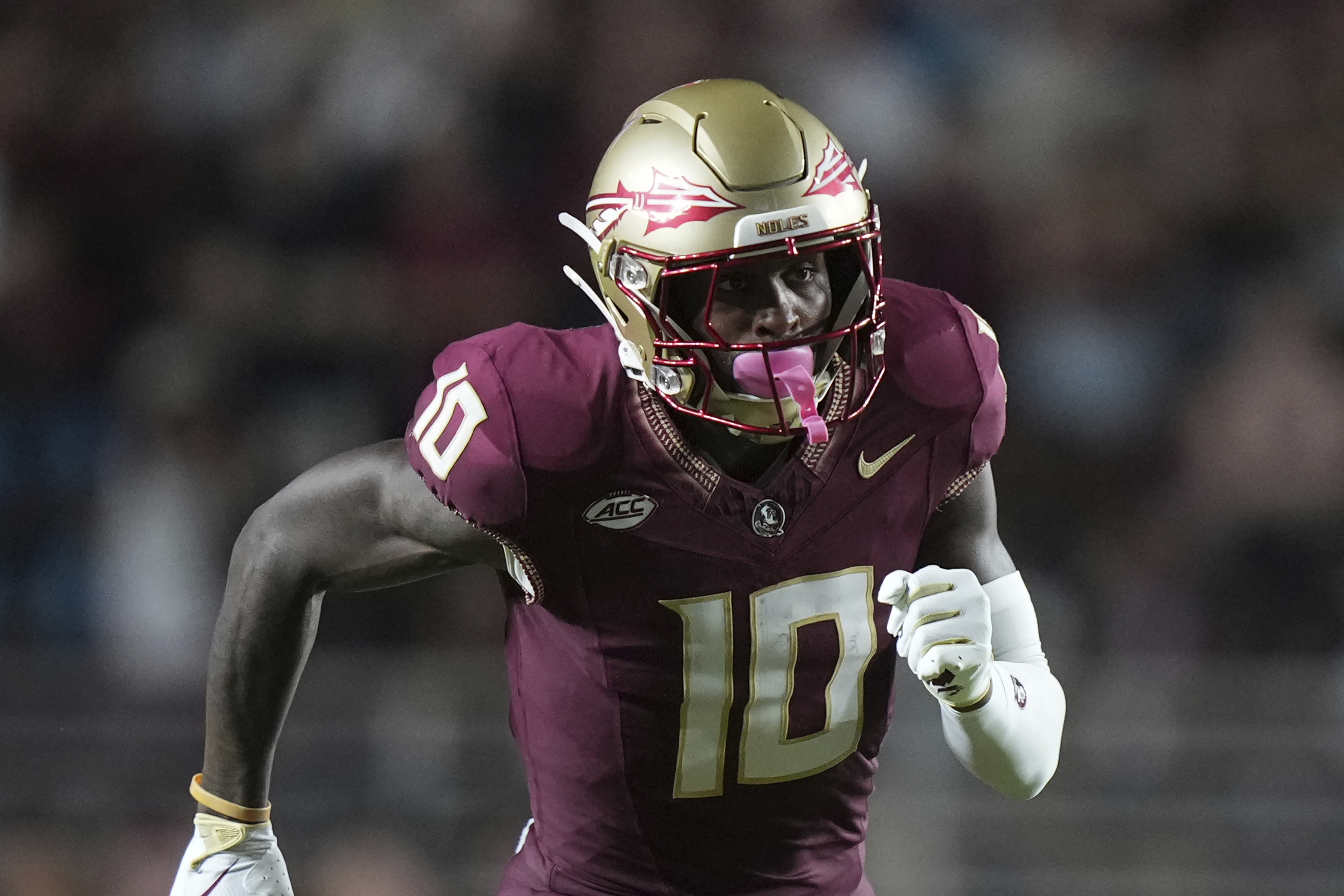 FILE - Florida State wide receiver Malik Benson (10) runs his receiving route during an NCAA football game on Monday, Sept. 2, 2024, in Tallahassee, Fla. 