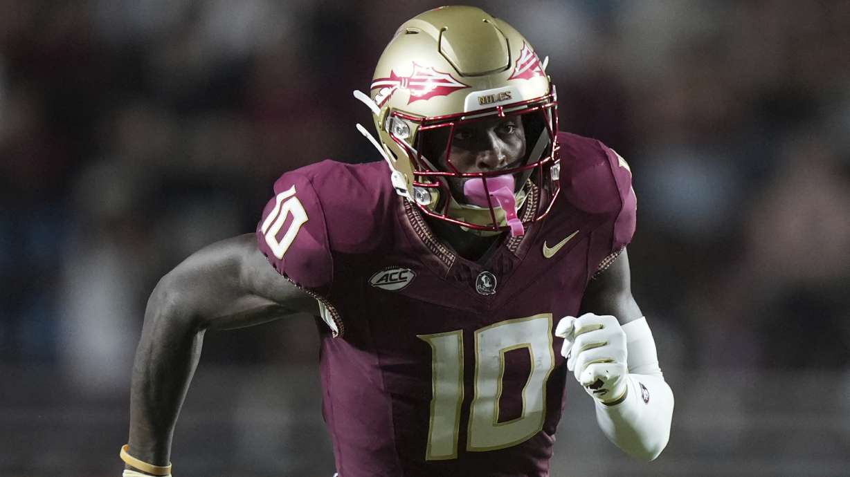 FILE - Florida State wide receiver Malik Benson (10) runs his receiving route during an NCAA football game on Monday, Sept. 2, 2024, in Tallahassee, Fla.