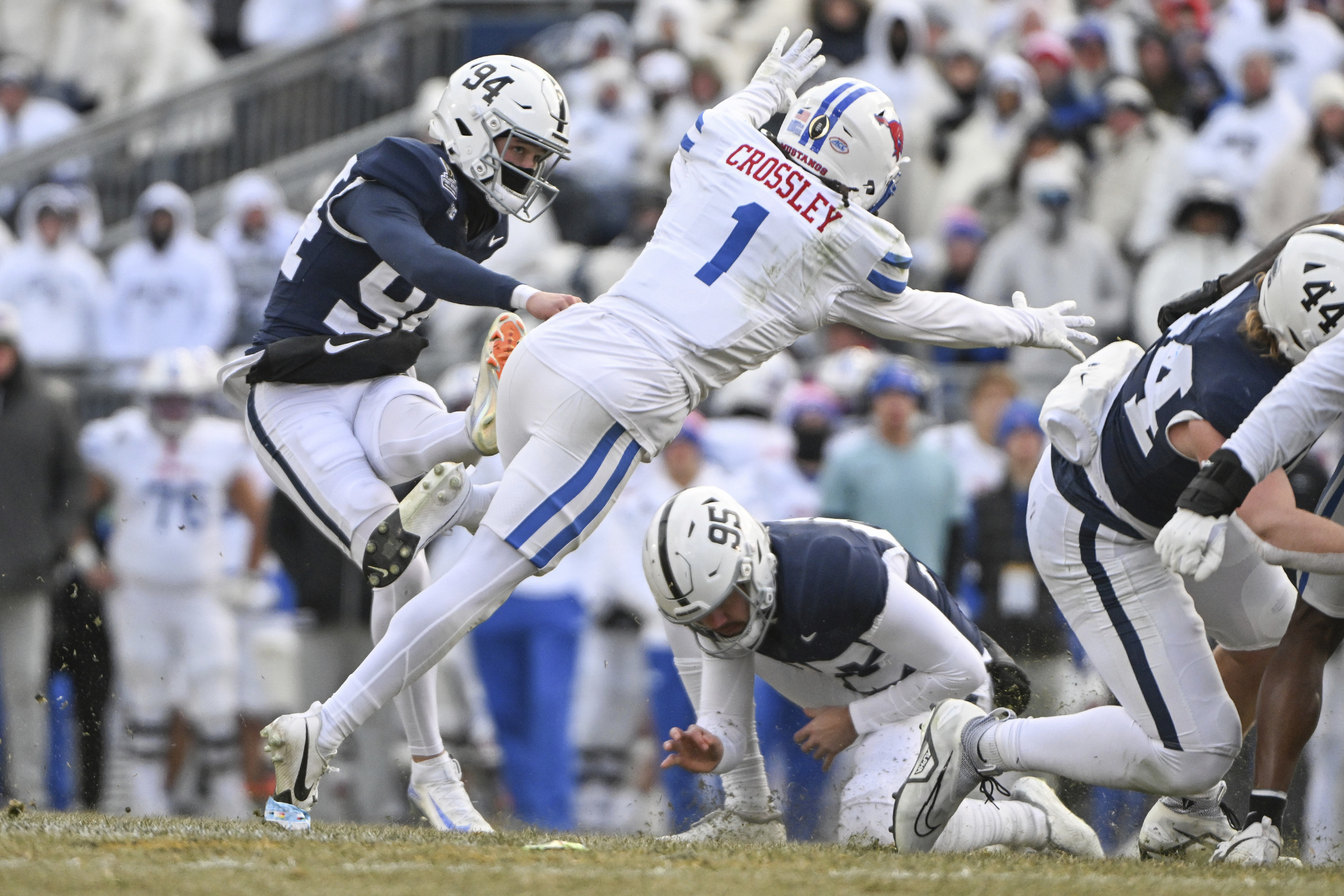 Penn State kicker Ryan Barker (94) kicks a field goal during the second half against SMU in the first round of the NCAA College Football Playoff, Saturday, Dec. 21, 2024, in State College, Pa.