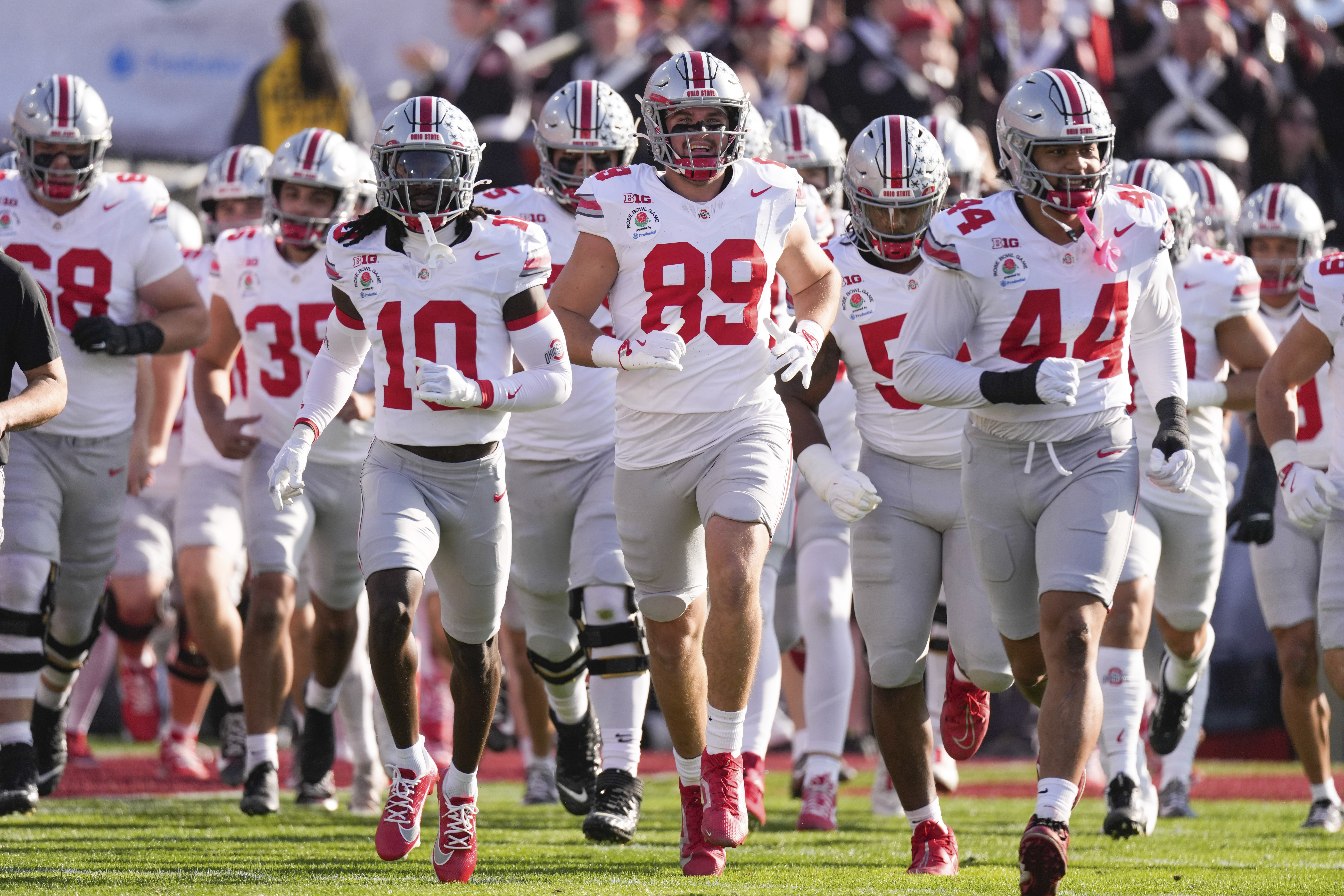 Ohio State players take to the field before the Rose Bowl College Football Playoff against Oregon, Wednesday, Jan. 1, 2025, in Pasadena, Calif.