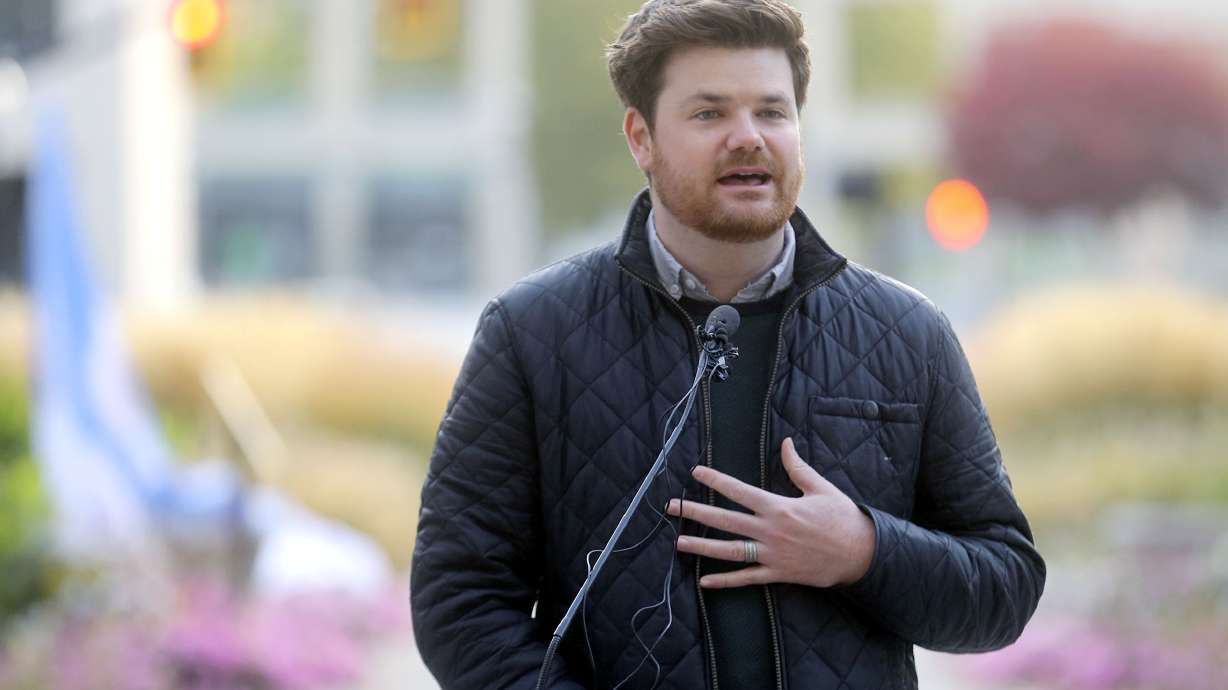 Salt Lake City Councilman Chris Wharton speaks outside the Salt Lake City-County Building on Oct. 23, 2020. Wharton was elected Tuesday to serve as chairman of the council.