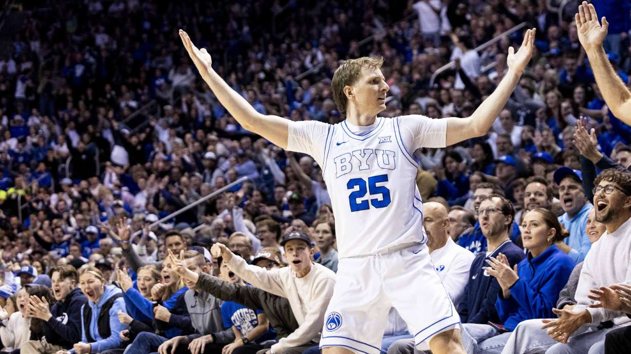 BYU Cougars guard Dawson Baker (25) reacts after sinking a basket against the Texas Tech Red Raiders during an NCAA men’s basketball game held at the Marriott Center in Provo on Tuesday, Jan. 7, 2025.