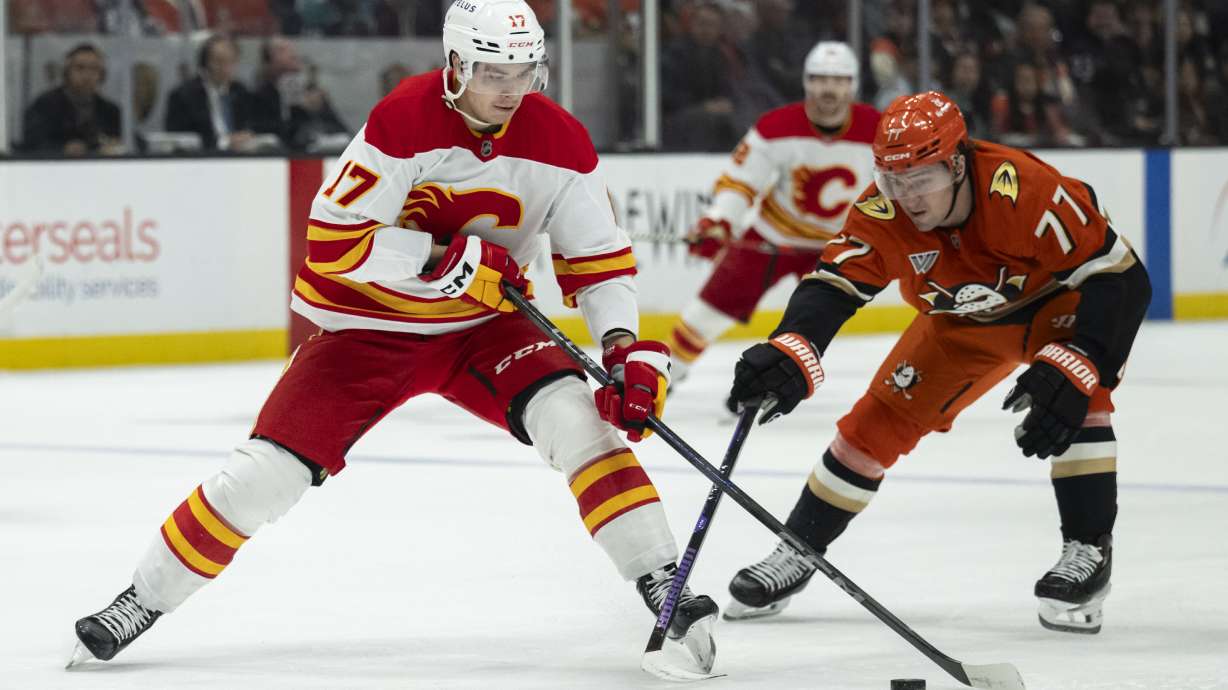 Calgary Flames center Yegor Sharangovich (17) controls the puck as Anaheim Ducks right wing Frank Vatrano (77) chases during the second period of an NHL hockey game, Tuesday, Jan. 7, 2025, in Anaheim, Calif.