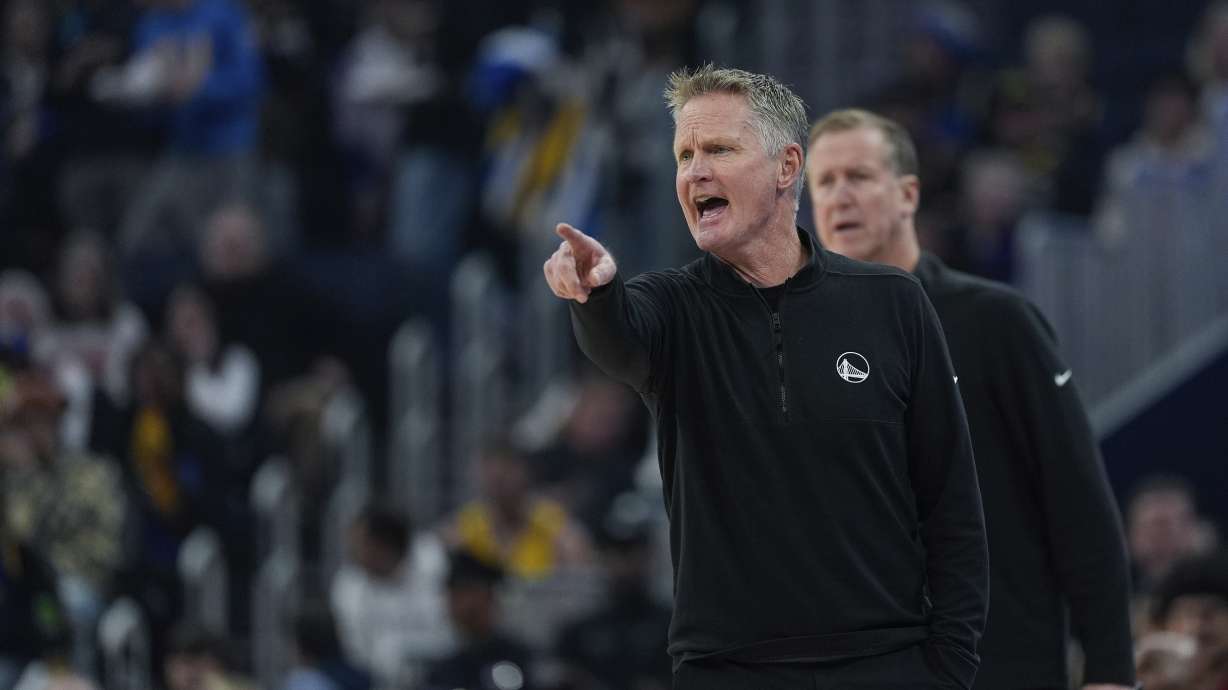 Golden State Warriors head coach Steve Kerr gestures during the first half of an NBA basketball game against the Miami Heat, Tuesday, Jan. 7, 2025, in San Francisco.
