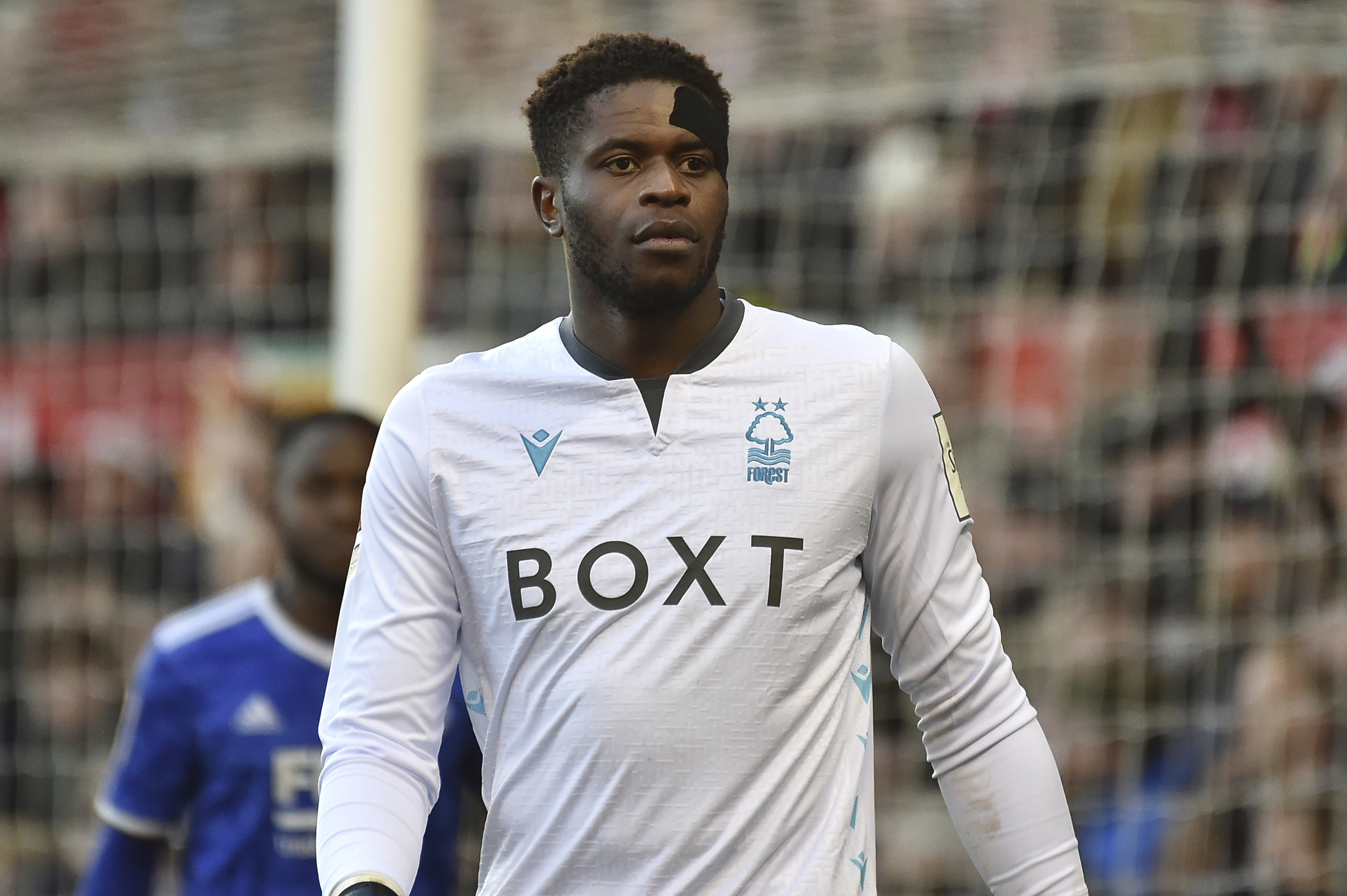 FILE - Brice Samba, with Nottingham Forest, looks on during an English FA Cup fourth-round soccer match against Leicester City at the City Ground, Nottingham, England, Feb. 6, 2022.
