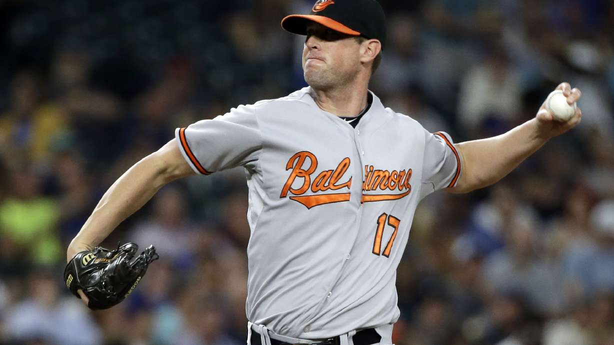 FILE - Baltimore Orioles relief pitcher Brian Matusz throws during a baseball game against the Seattle Mariners, Tuesday, Aug. 11, 2015, in Seattle.