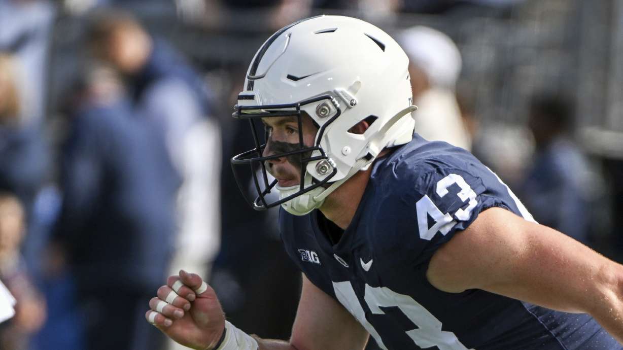 FILE - Penn State linebacker Tyler Elsdon (43) warms up against Central Michigan during an NCAA college football game, Saturday, Sept. 24, 2022, in State College, Pa.