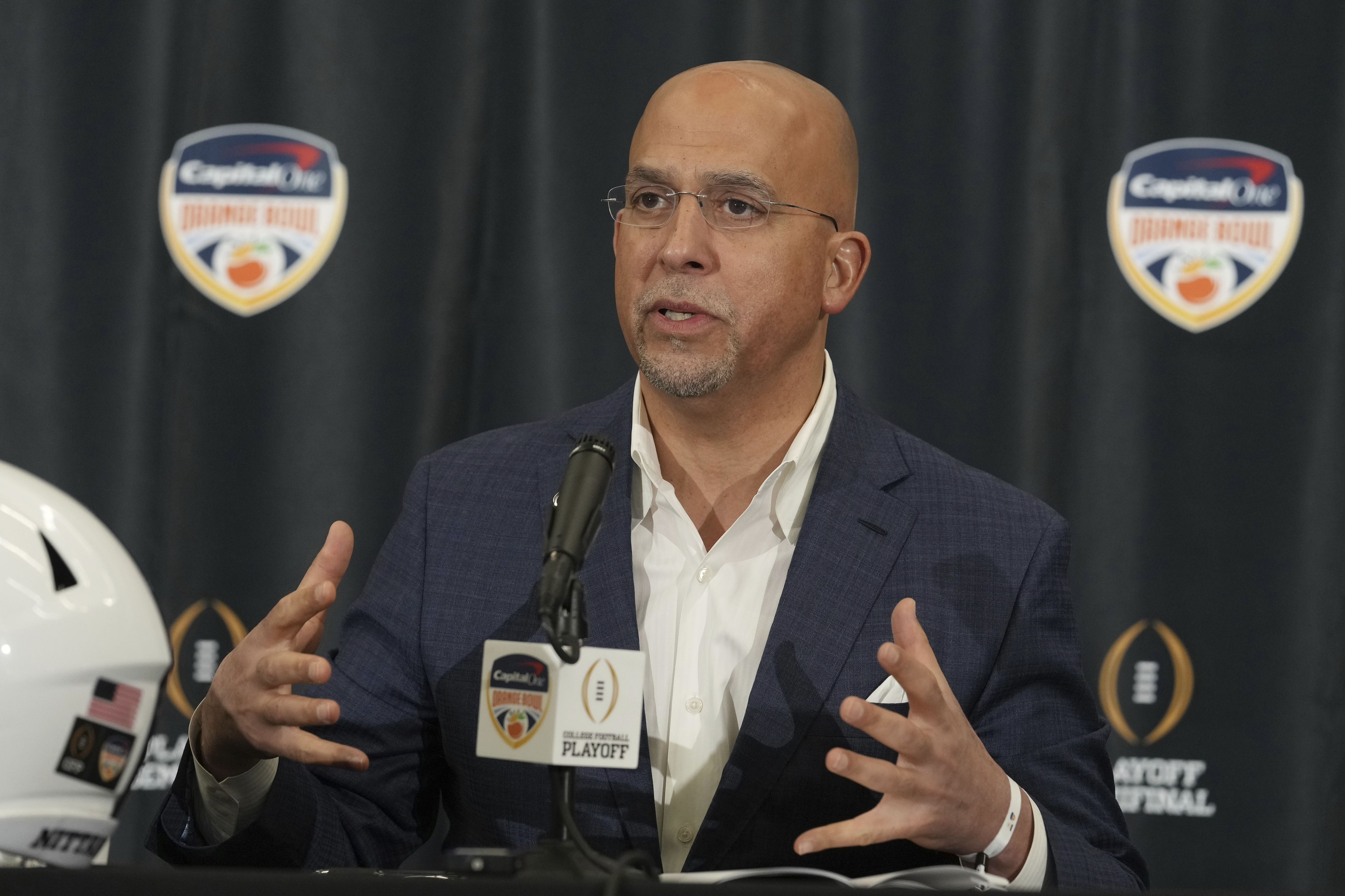 Penn State head coach James Franklin speaks during a news conference for the Orange Bowl NCAA College Football Playoff game, Wednesday, Jan. 8, 2025, in Dania Beach, Fla.