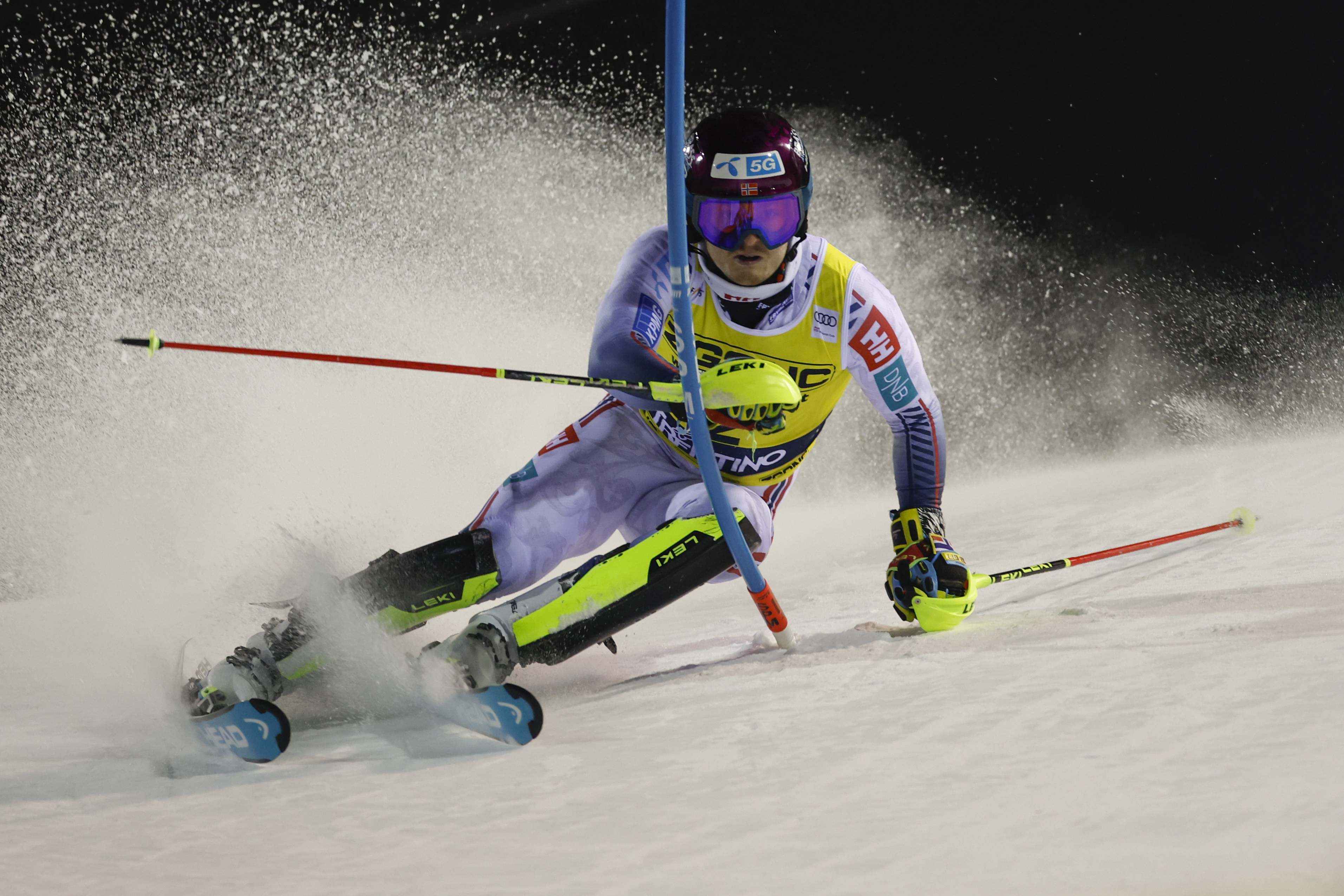 Norway's Atle Lie McGrath speeds down the course during an alpine ski, men's World Cup slalom in Madonna di Campiglio, Italy, Wednesday, Jan.8, 2025. (AP Photo/Alessandro Trovati