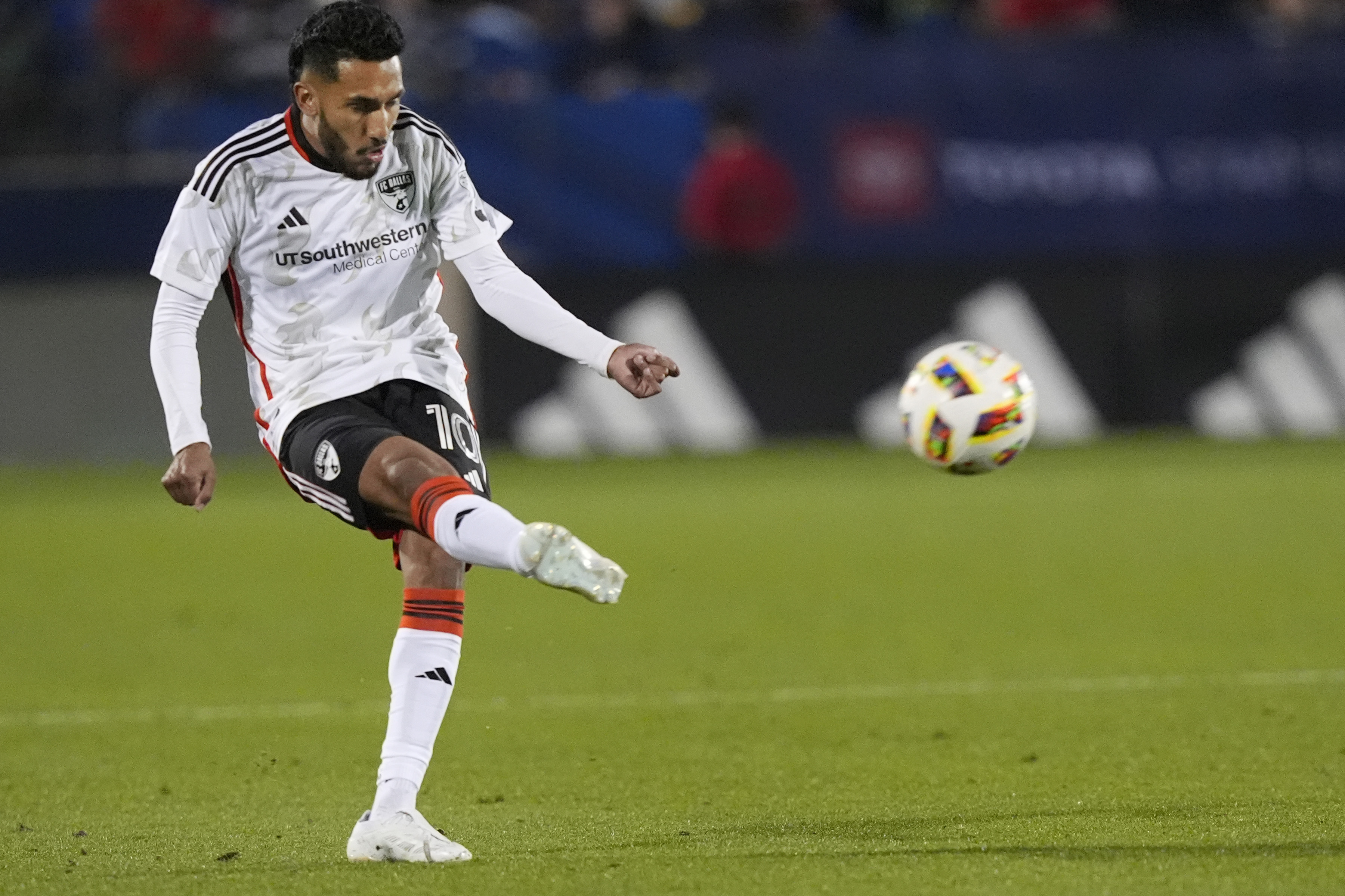 FILE - FC Dallas forward Jesus Ferreira kicks the ball during the second half of an MLS soccer match against CF Montreal Saturday, March 2, 2024, in Frisco, Texas.